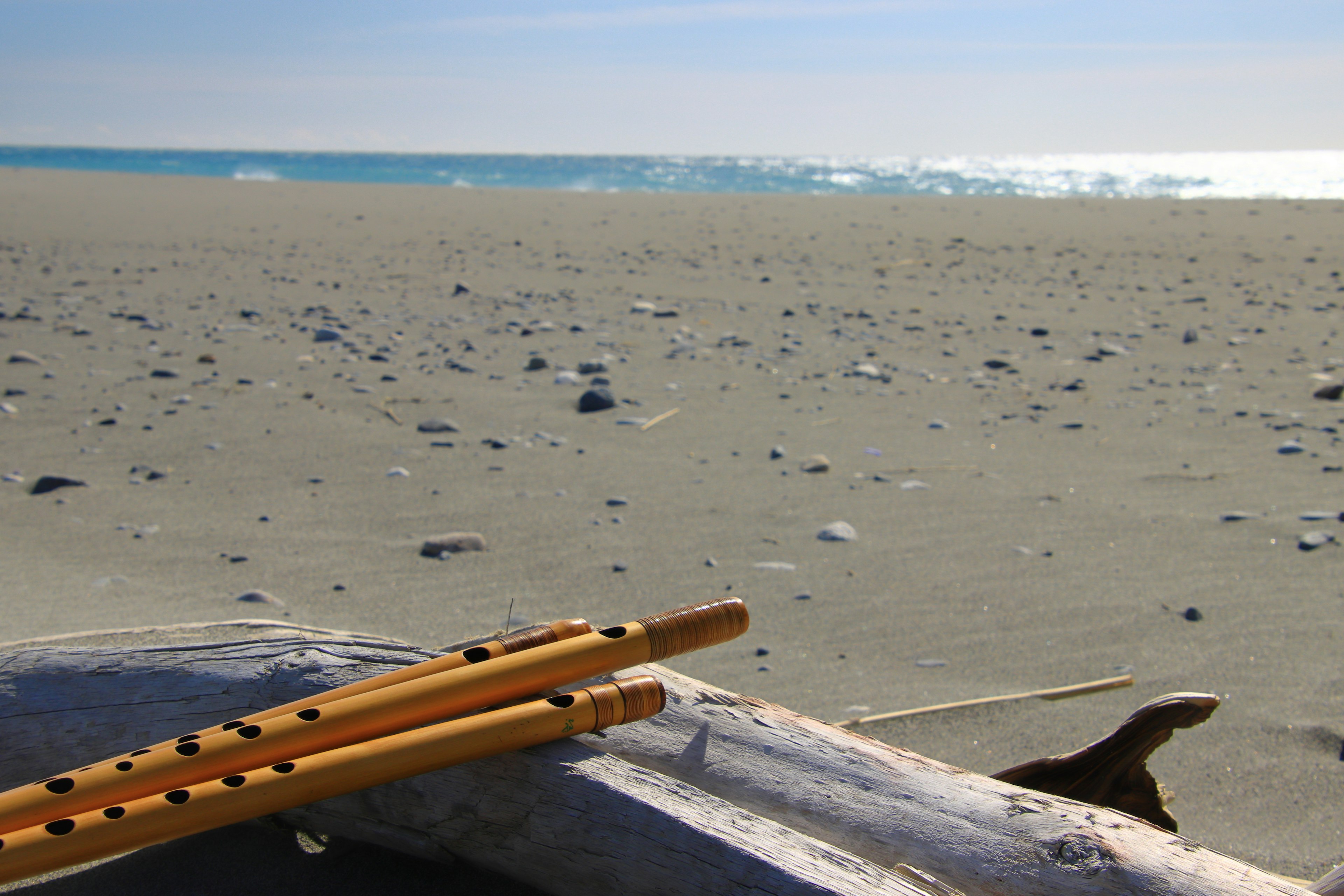 Bamboo instruments resting on a sandy beach with visible waves