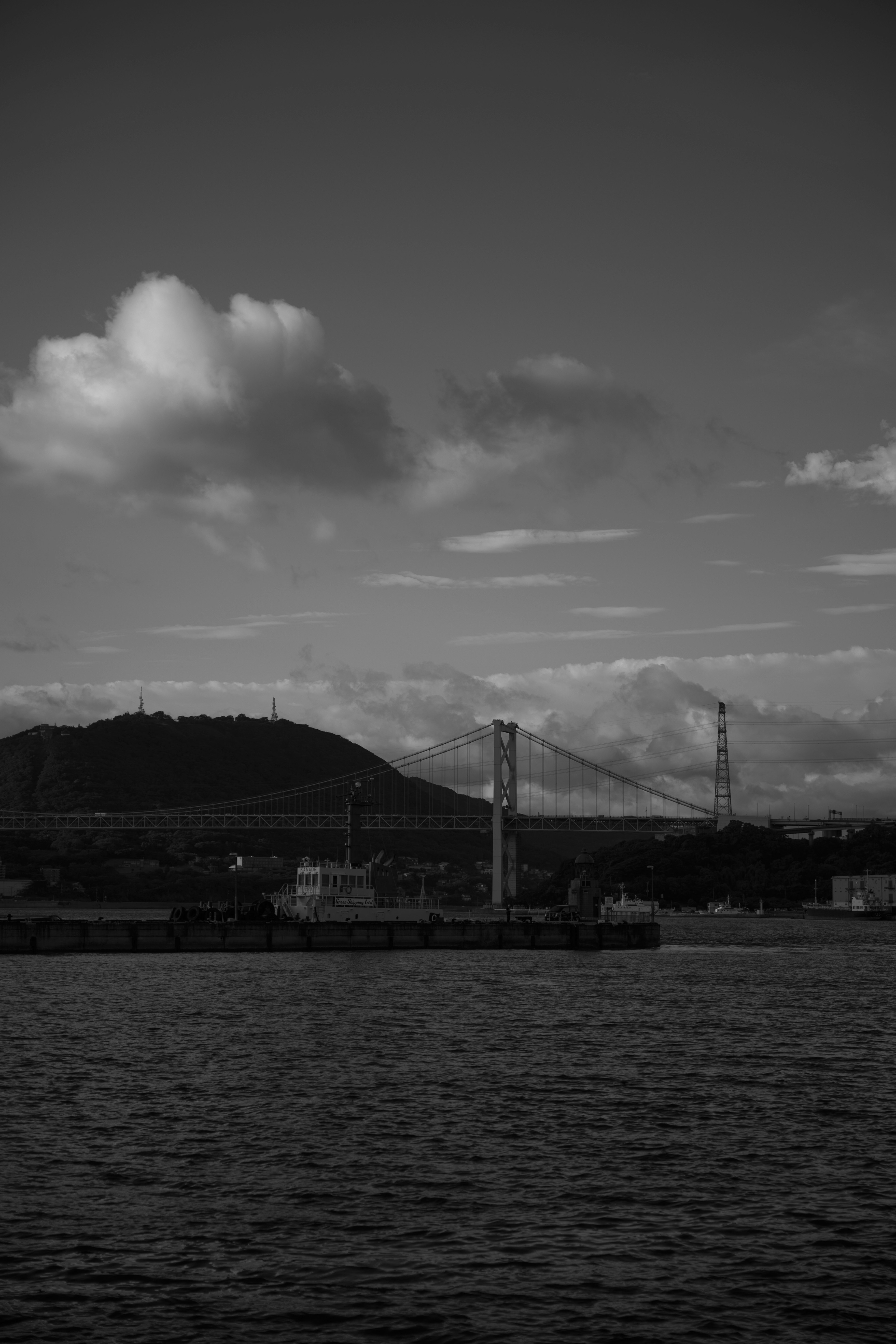 Paysage maritime en monochrome avec un pont et des montagnes au loin