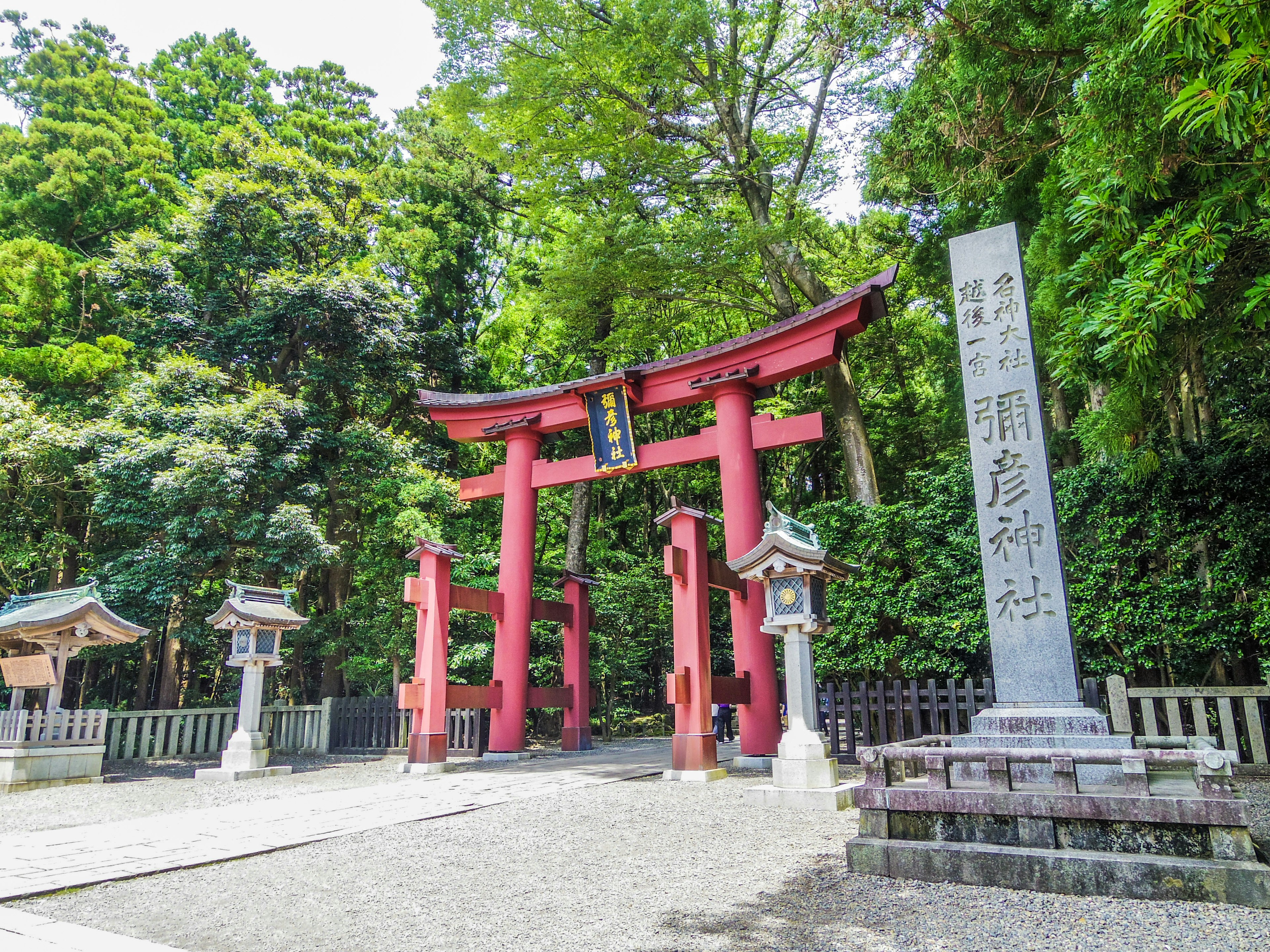 Entrance of a shrine featuring a red torii gate surrounded by lush greenery