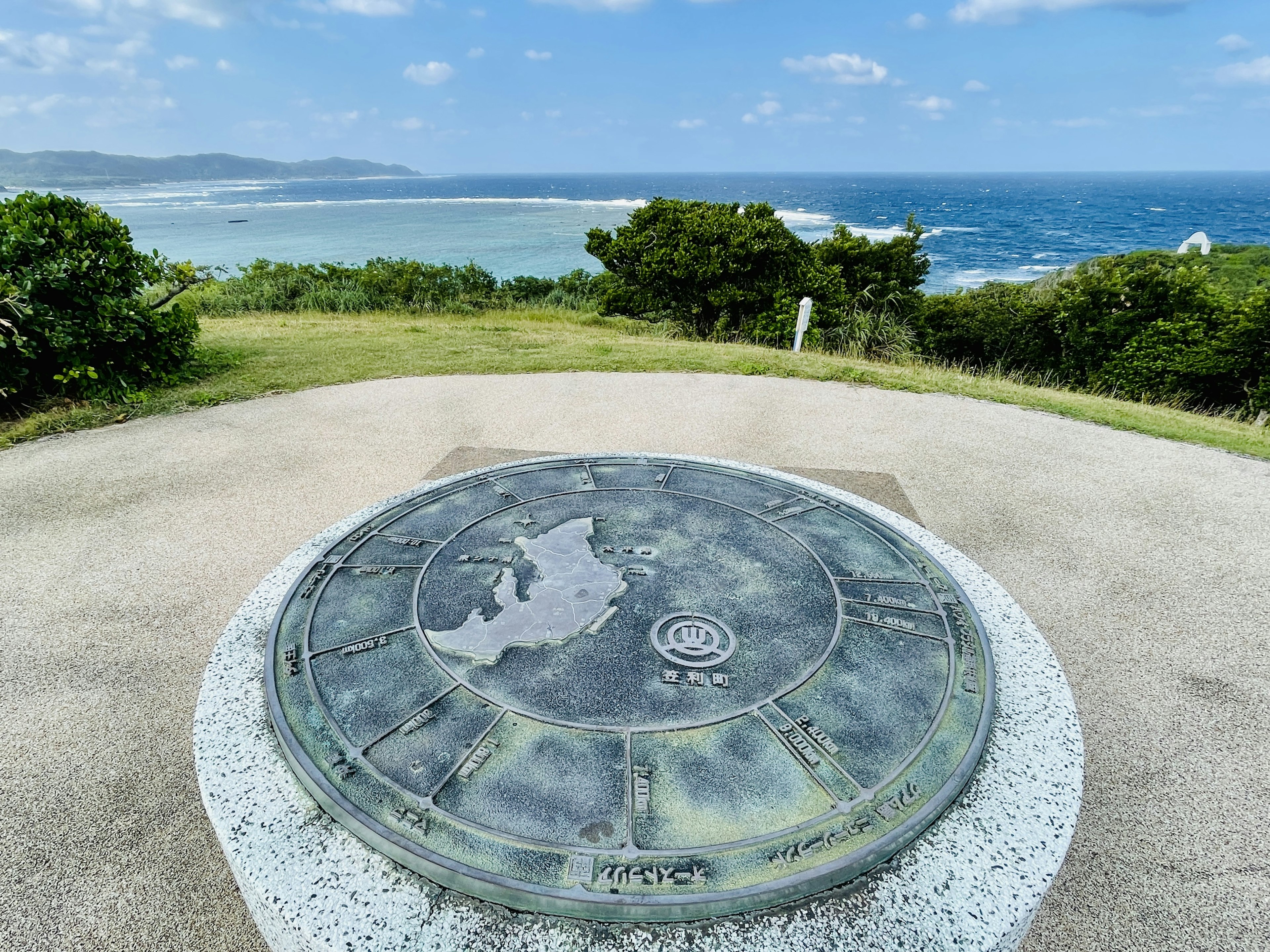 Scenic view featuring a compass rose with ocean backdrop