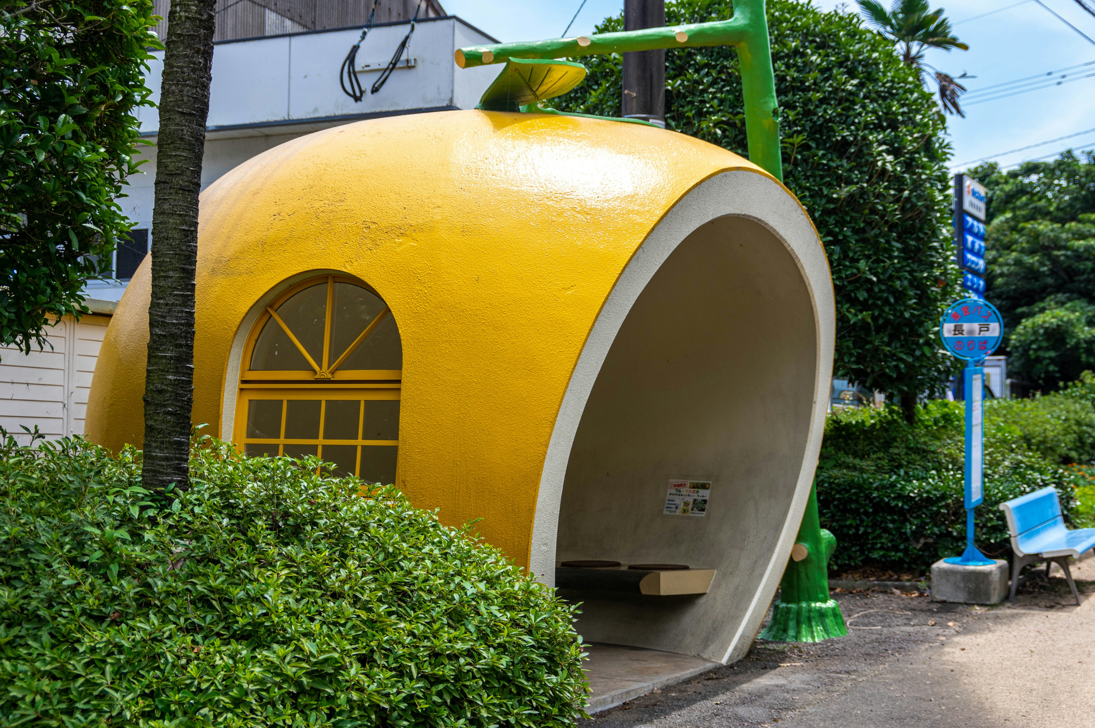 Unique bus stop designed like a yellow orange surrounded by green plants