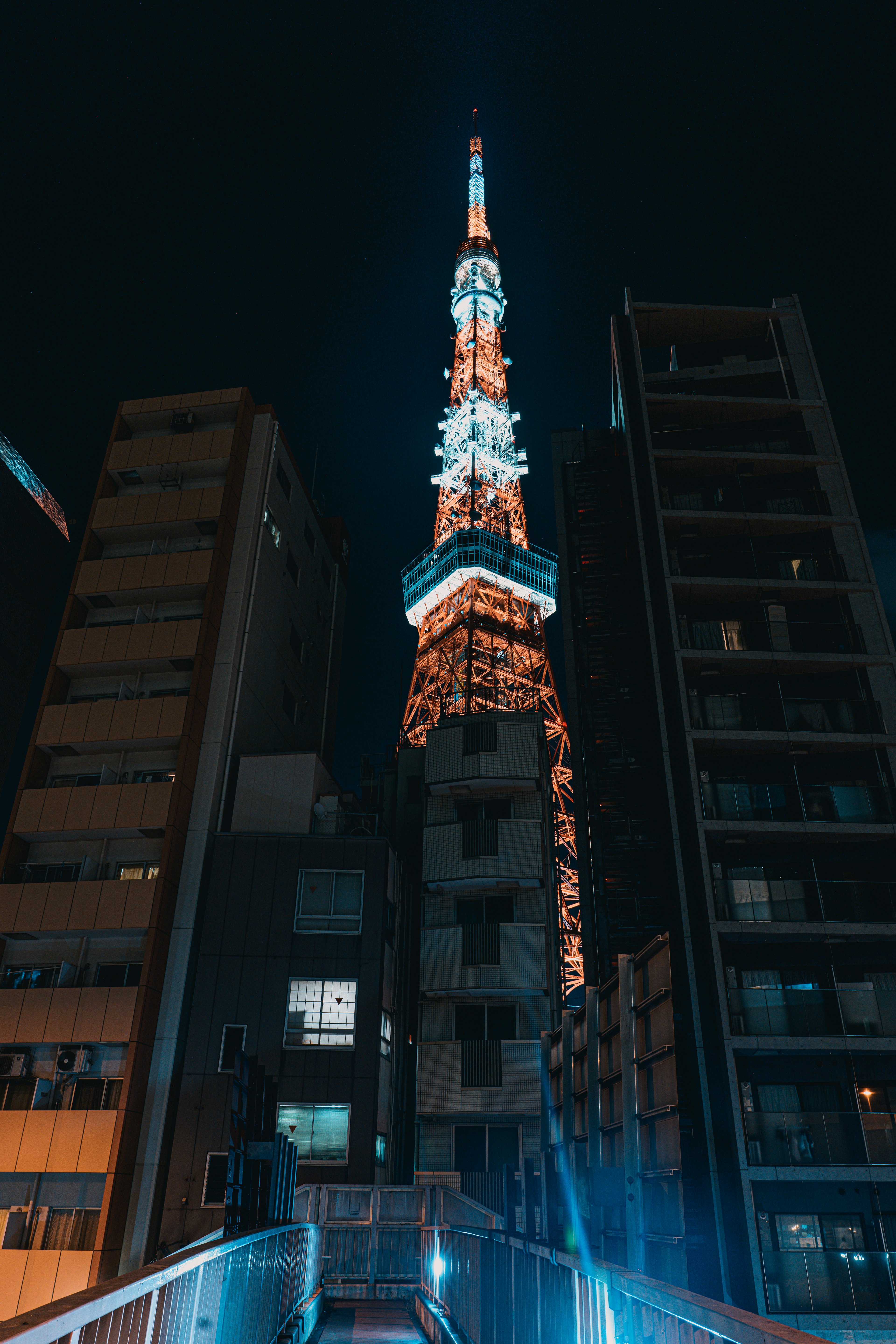 東京塔在夜間燈光亮起，從建築物之間的視角