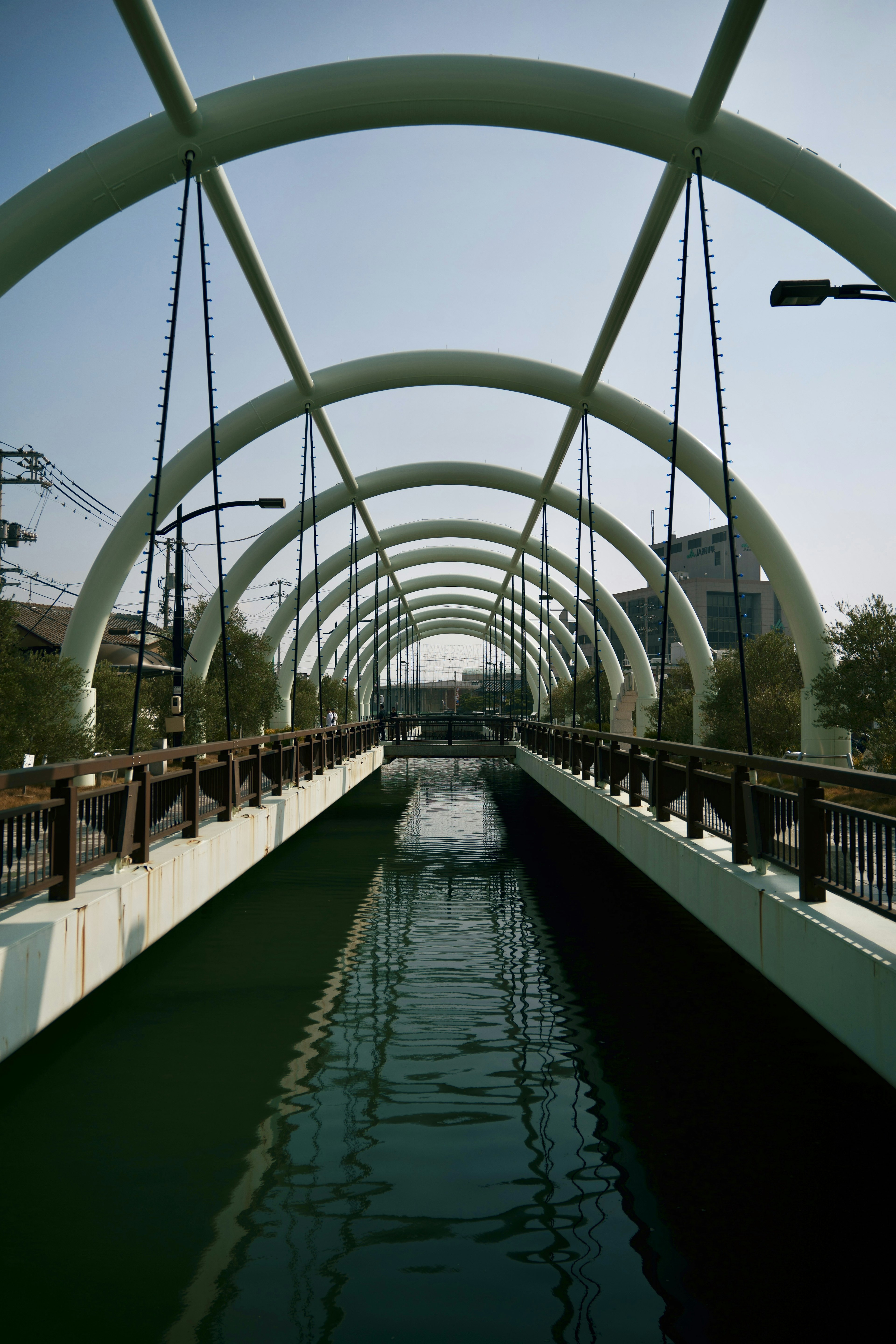 Puente en arco sobre un canal verde con diseño moderno