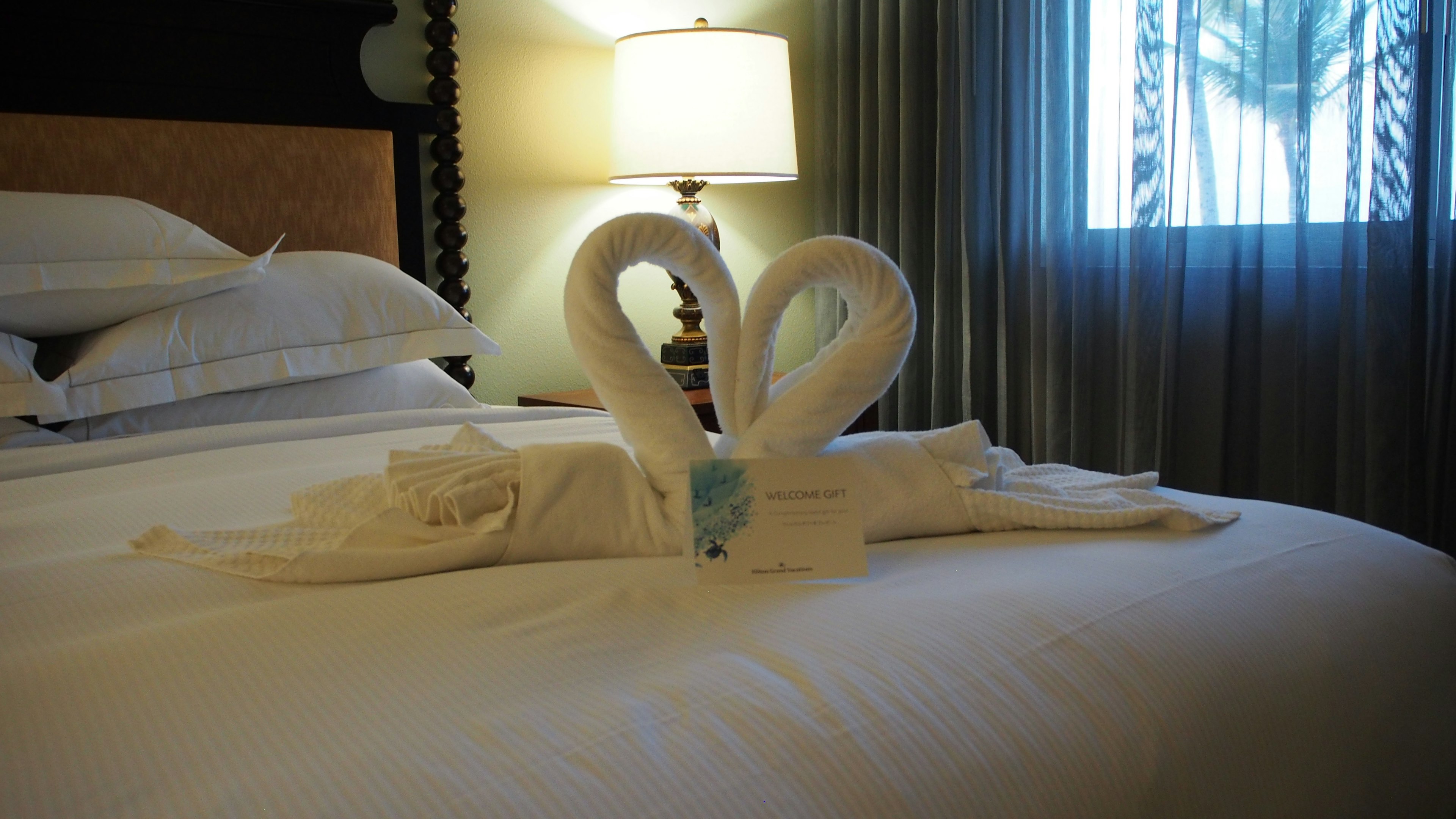 Towel swans arranged in a heart shape on a bed