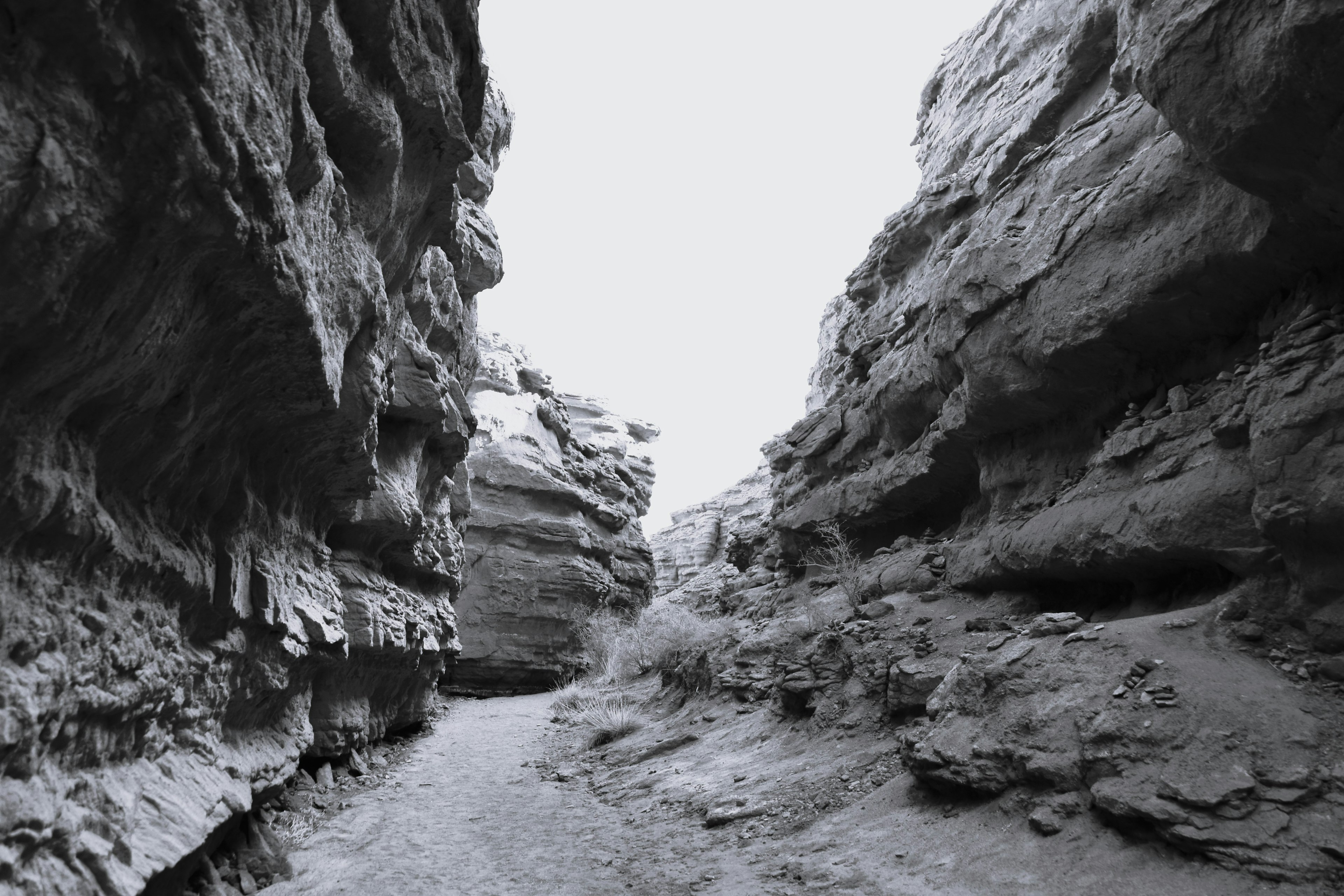 Narrow path through a dark canyon with high rock walls