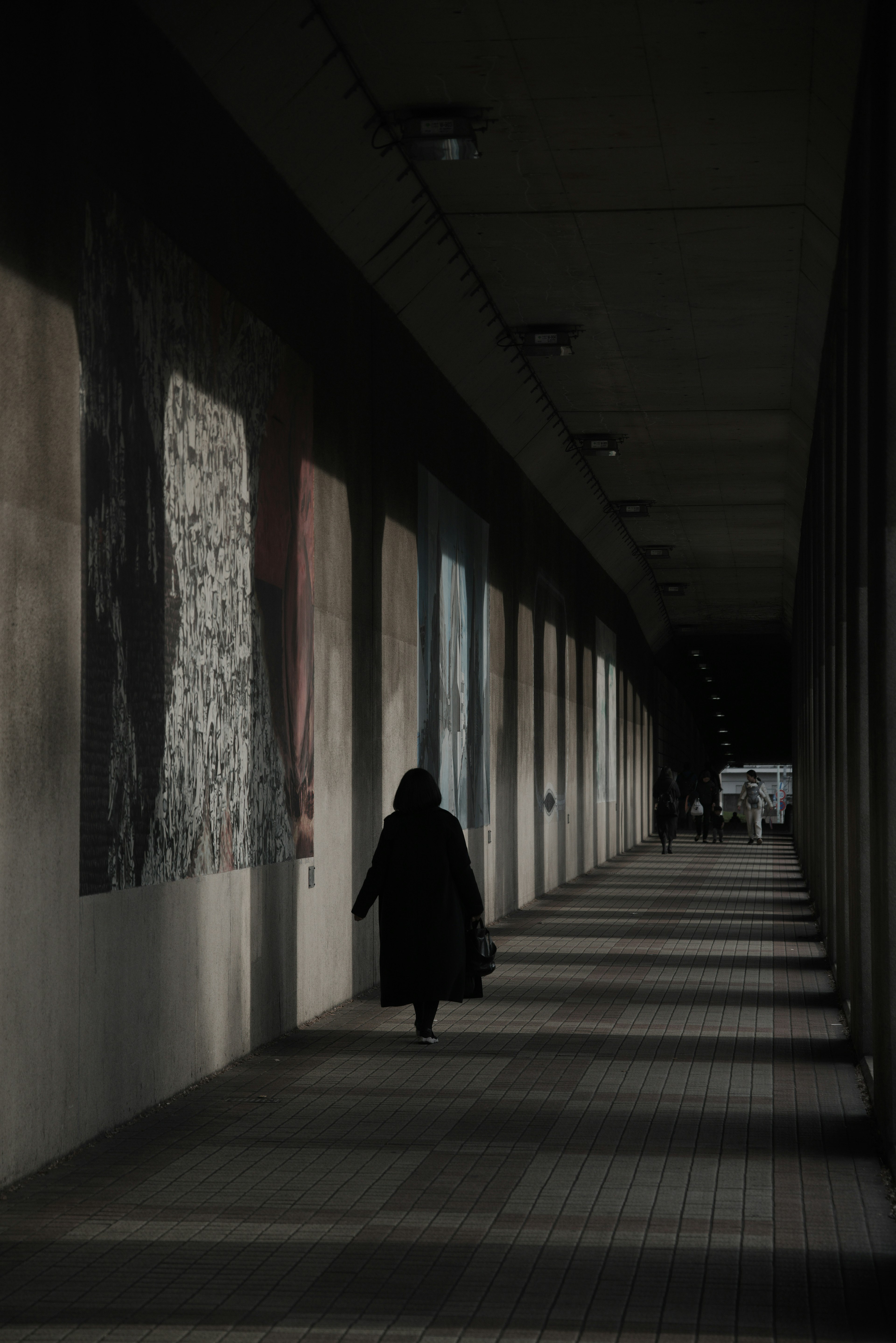 Personne marchant dans un couloir faiblement éclairé avec des œuvres d'art sur les murs