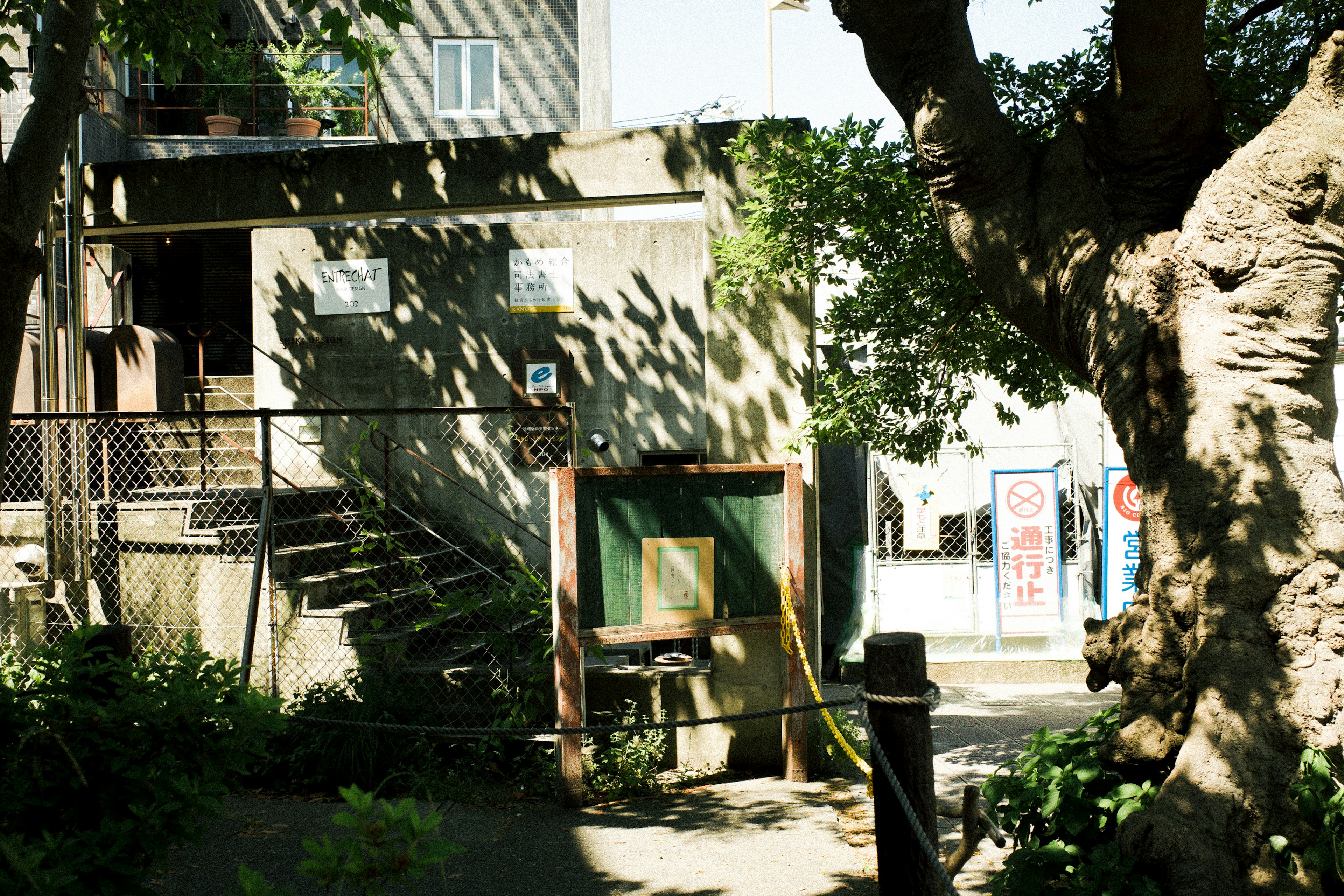 A quiet street corner featuring an old building and the shadows of trees