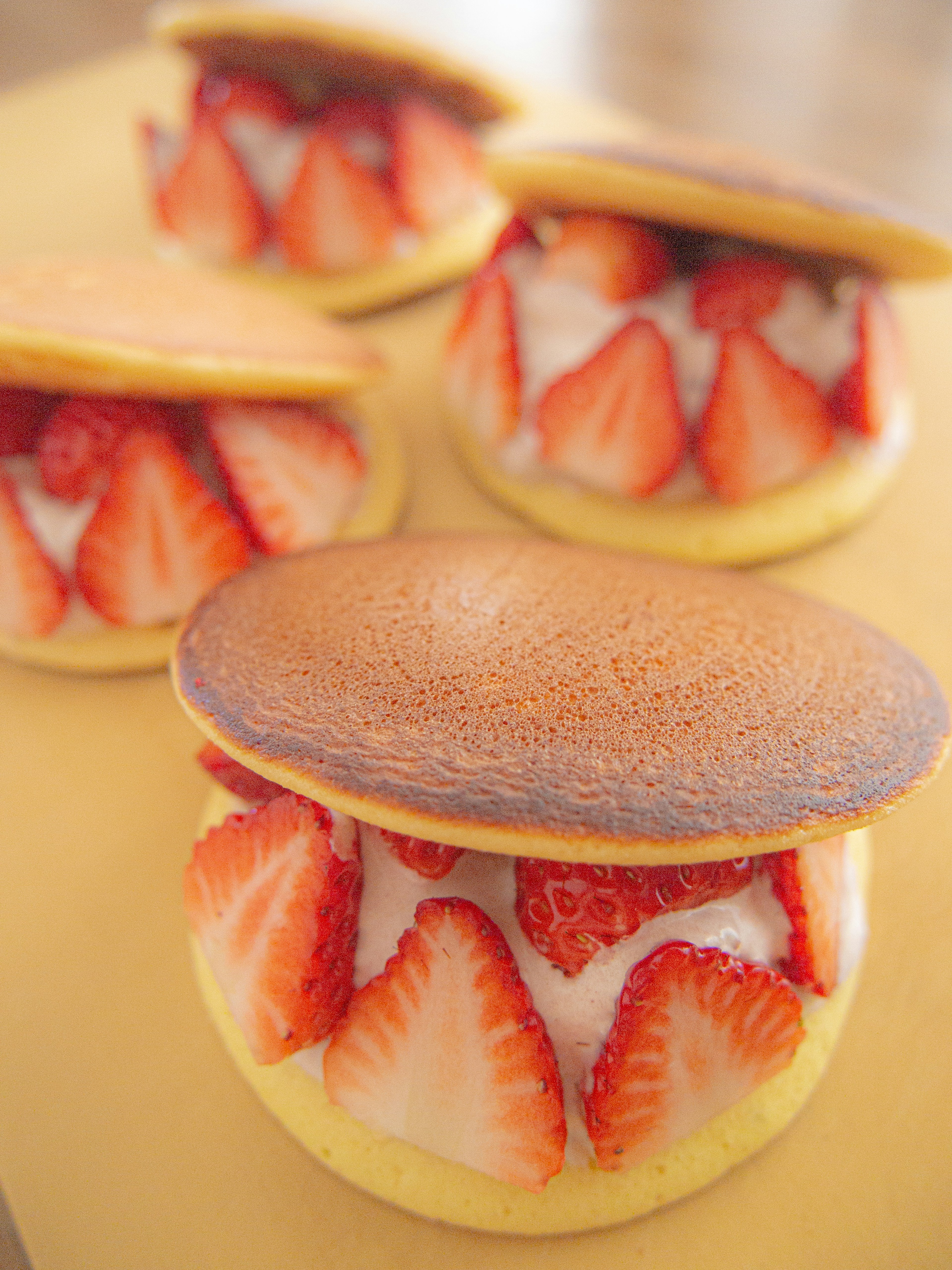 Delicious strawberry dessert with fluffy pancakes