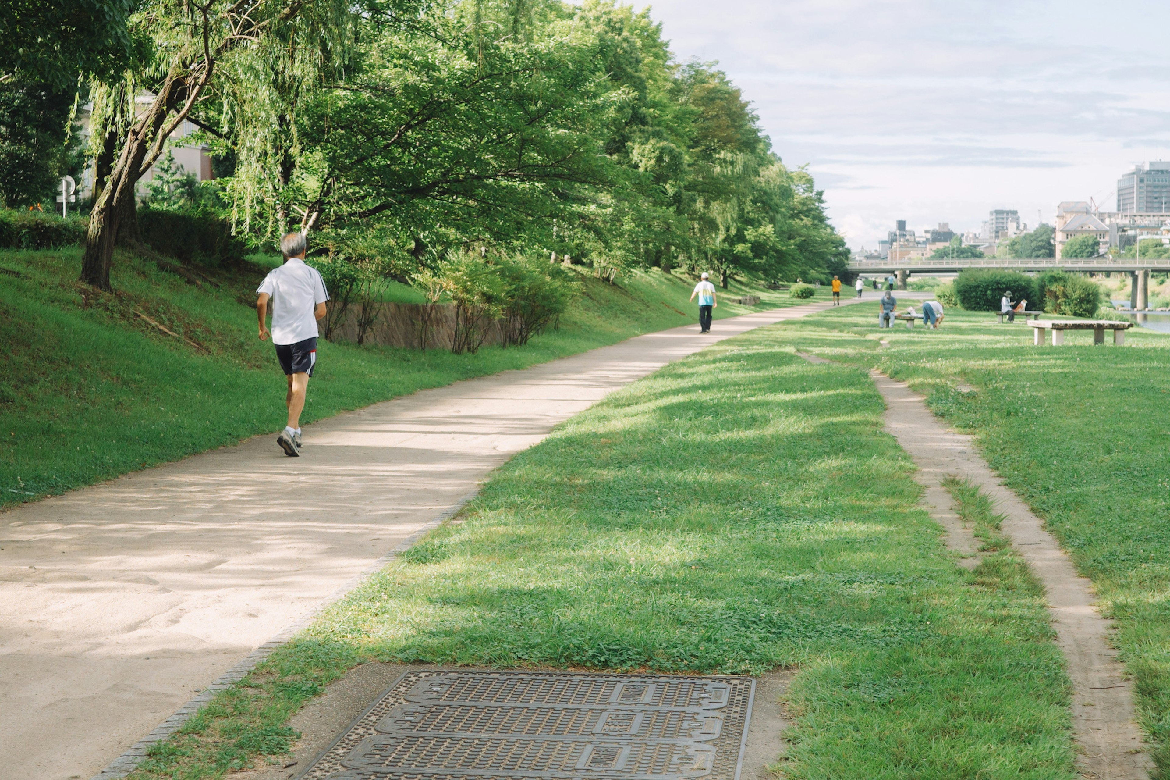 Personas corriendo en un camino verde del parque