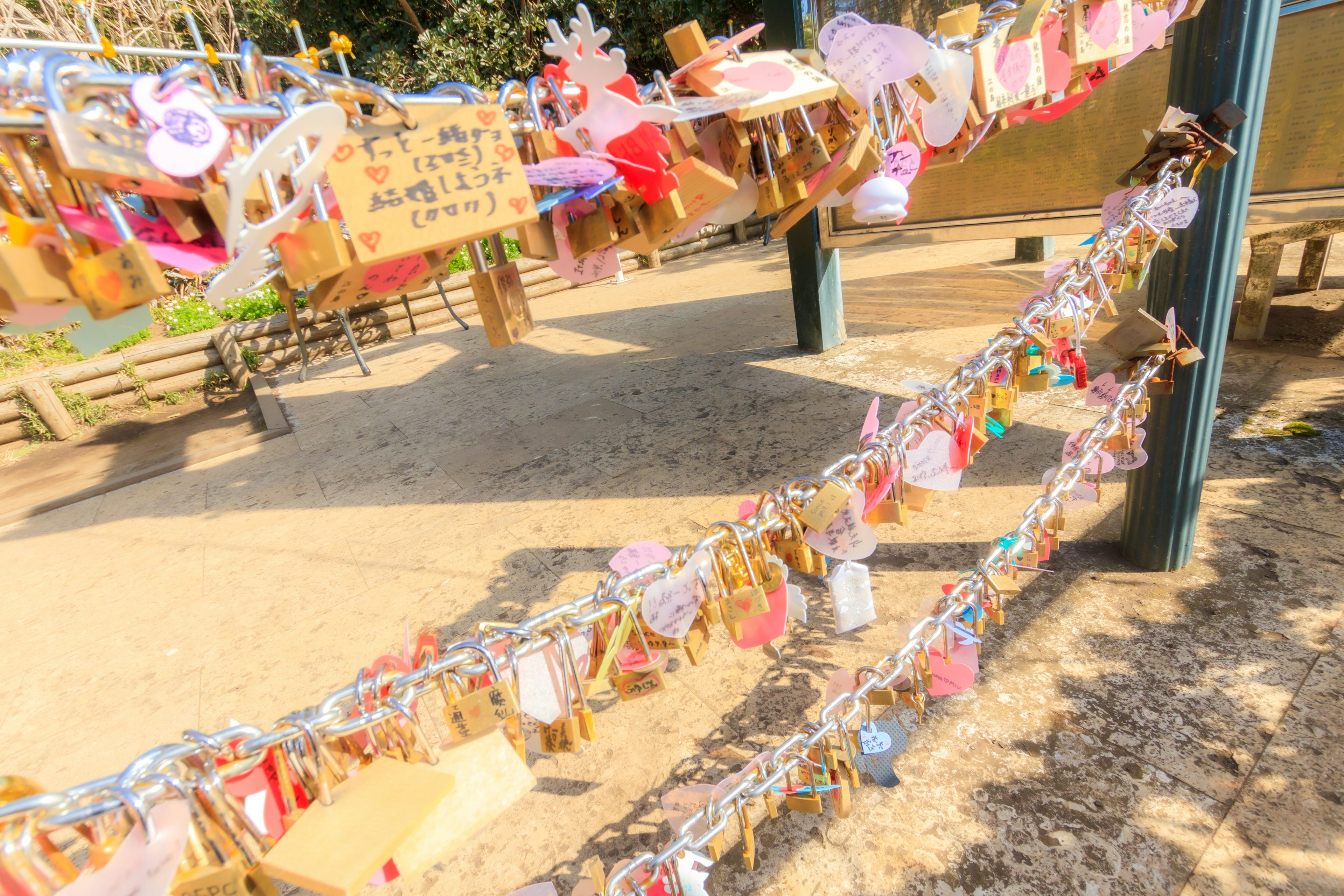 Bunte Wunschkarten, die an Holzpfosten und Seilen hängen