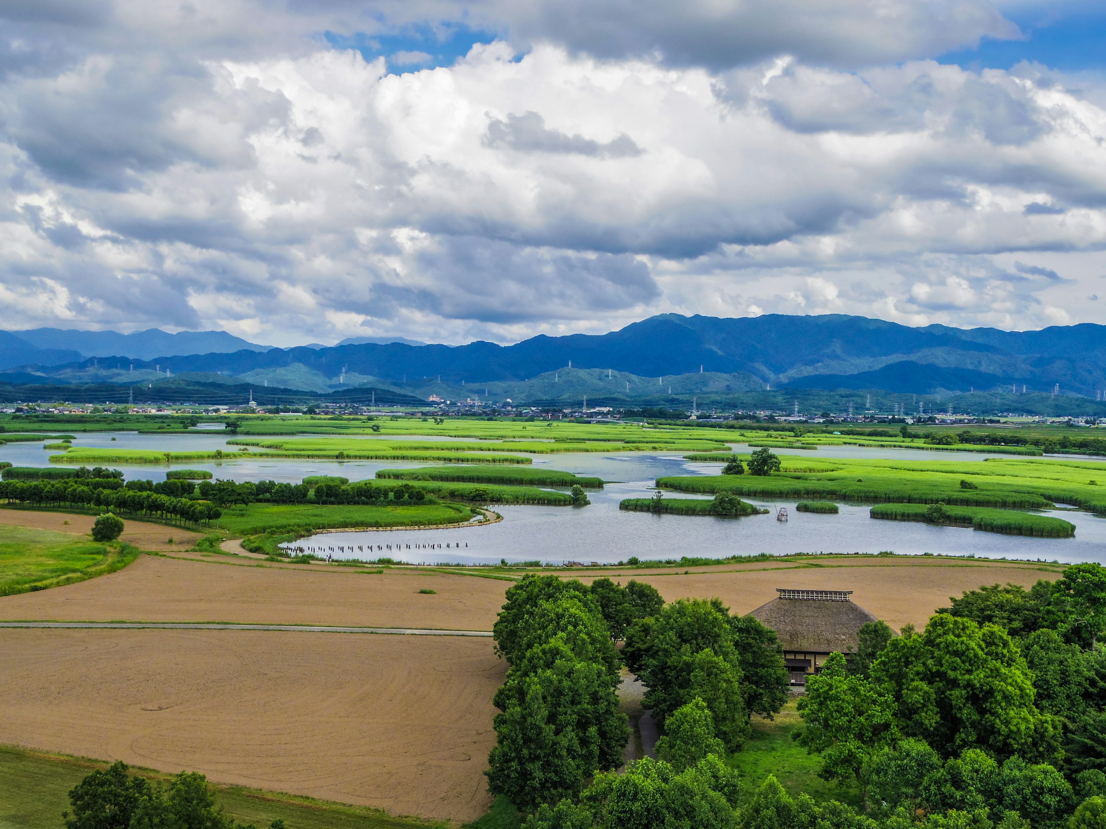 風景如畫的鄉村，郁郁蔥蔥的田野和蜿蜒的河流