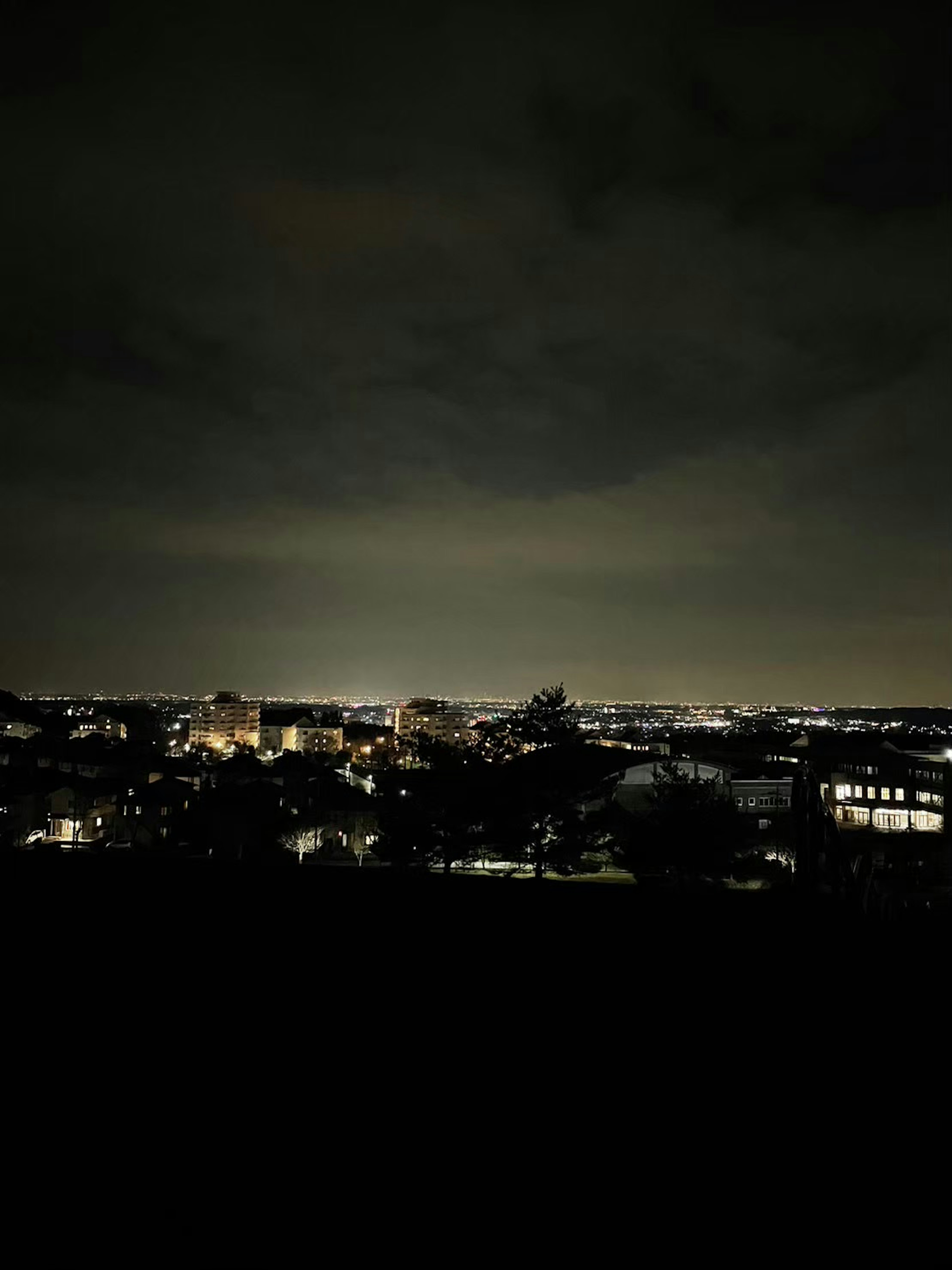 Eine ruhige Aussicht auf die Skyline einer Stadt bei Nacht unter einem dunklen Himmel