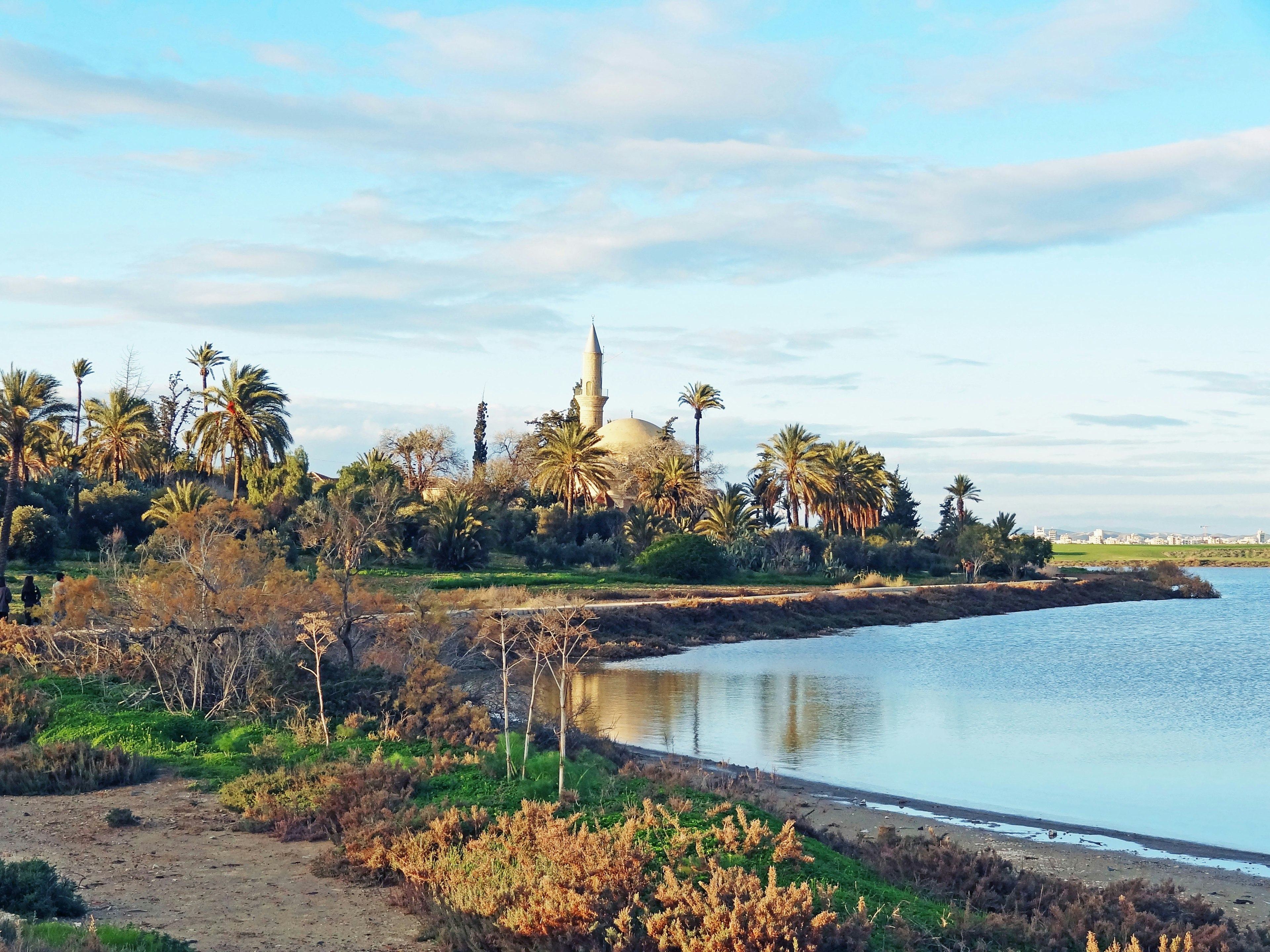 Lush landscape near a tranquil lake with a distant tower