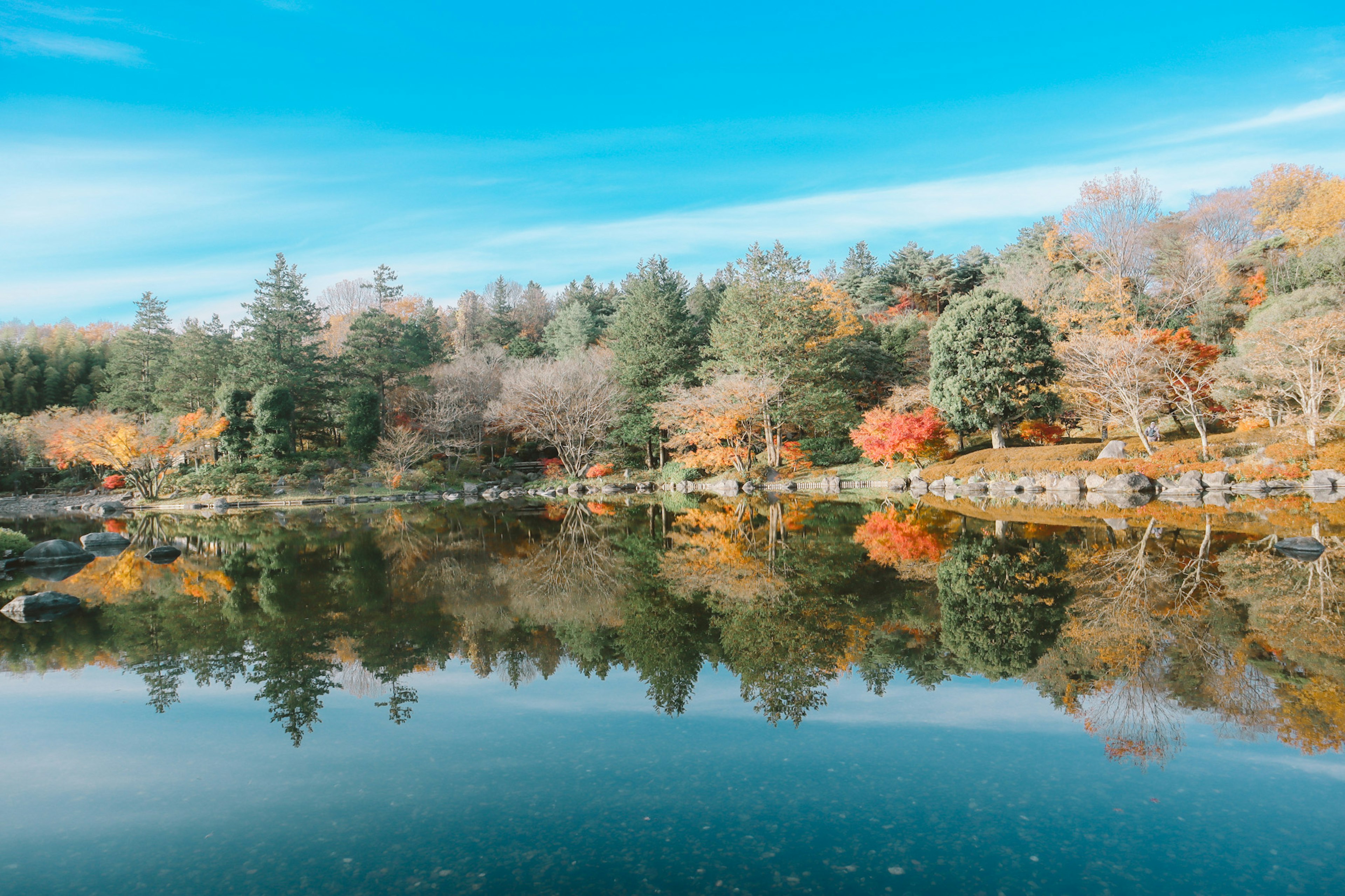 秋の色彩が映る静かな湖の風景