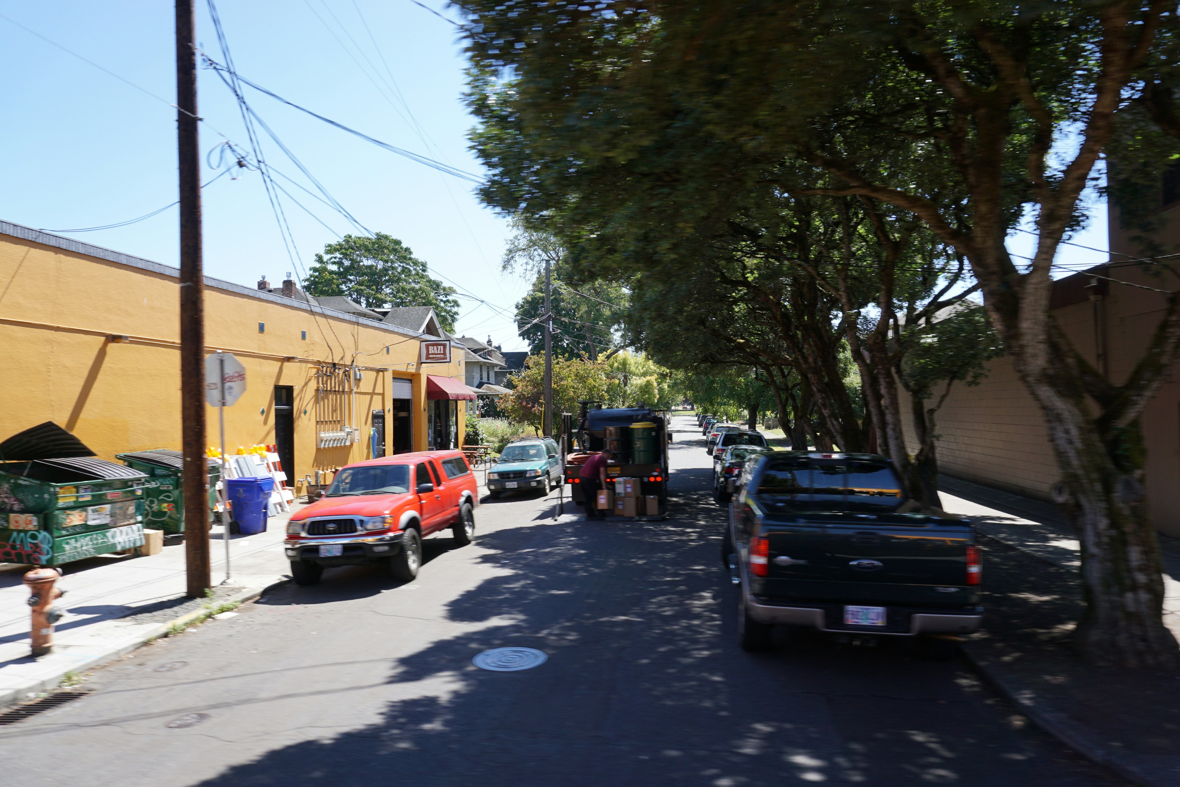 Escena de calle con coches estacionados y árboles