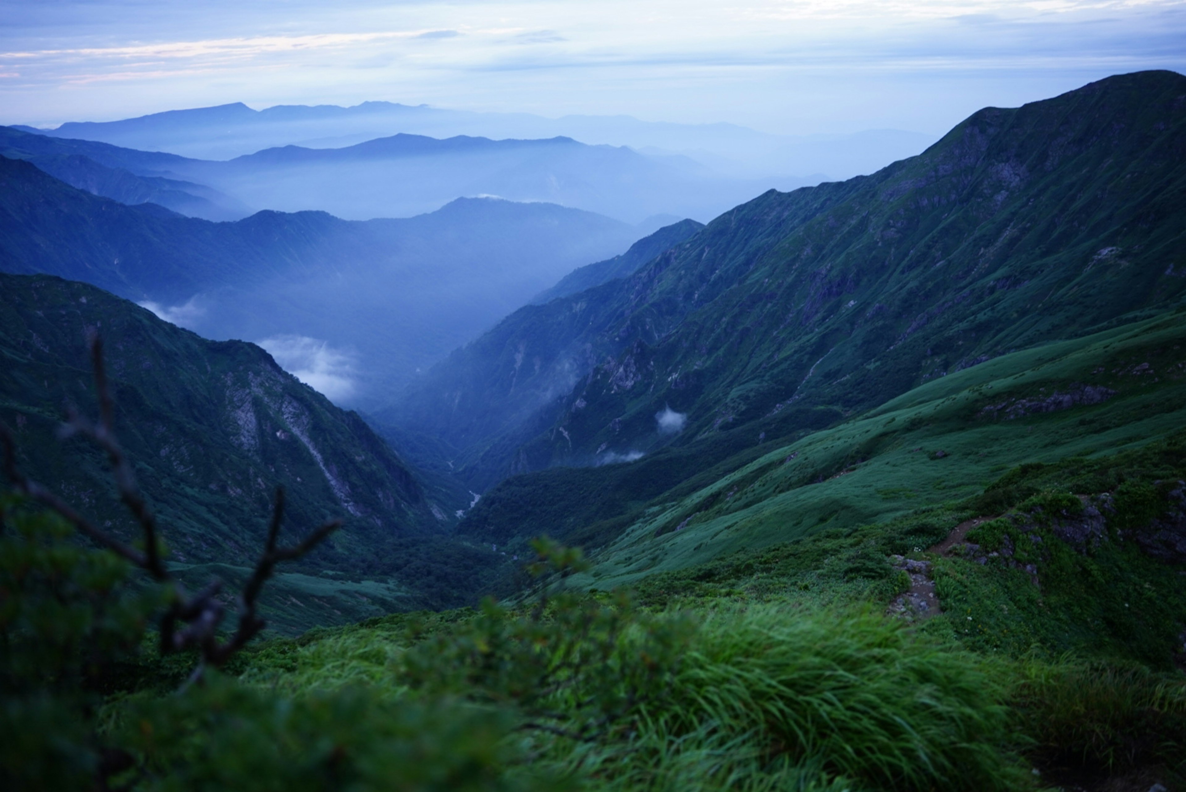 Vue panoramique de montagnes bleues et vallée brumeuse