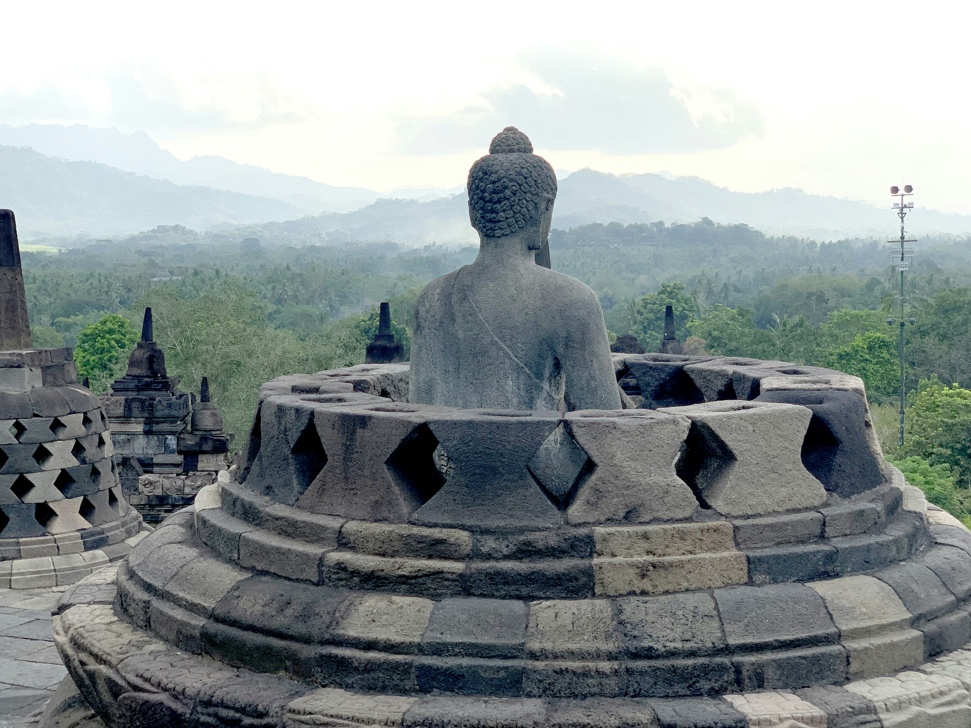 Rückansicht einer Buddha-Statue im Borobudur-Tempel mit üppigem Grün im Hintergrund