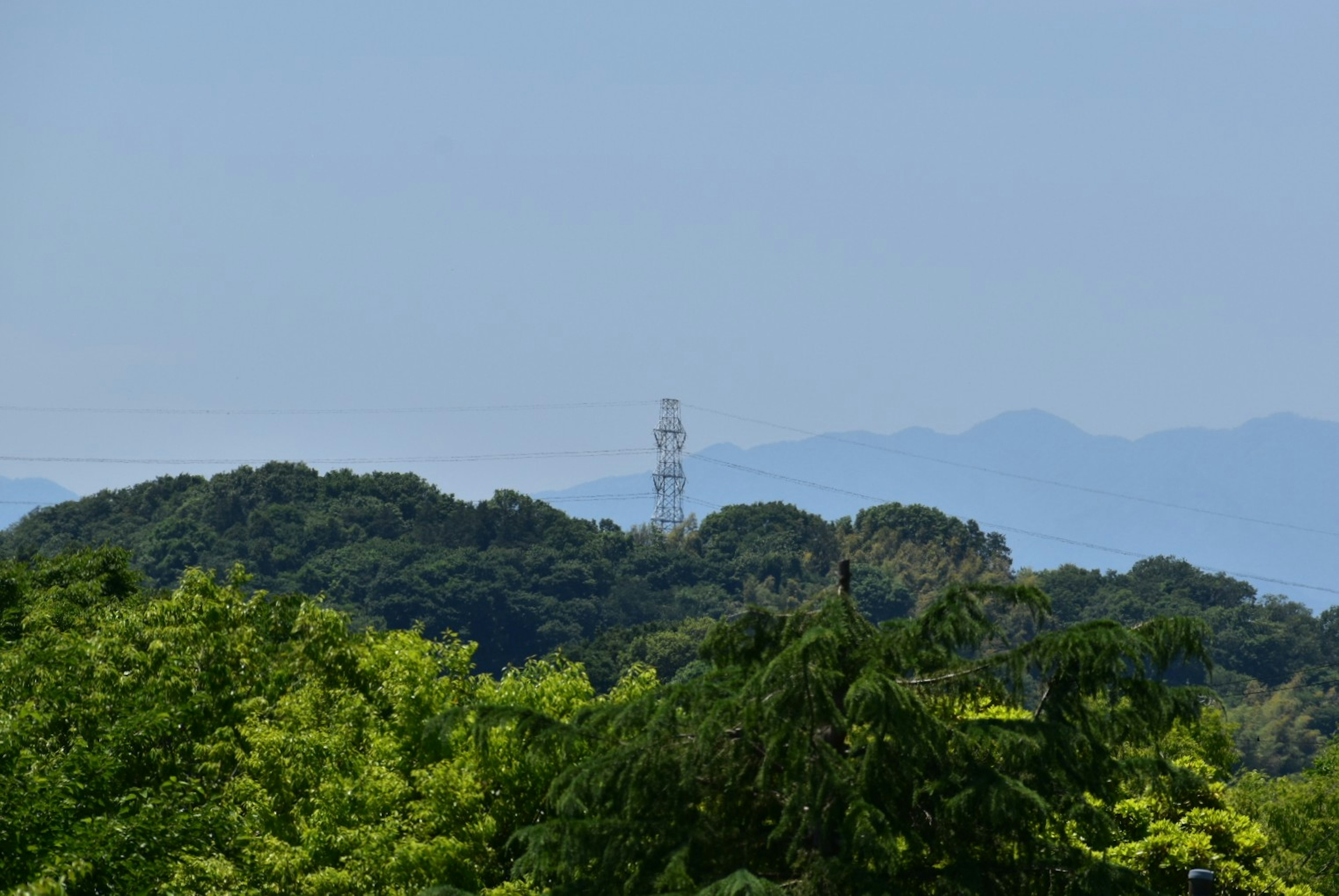 Blick auf einen Funkmast, sichtbar zwischen grünen Bäumen und Bergen