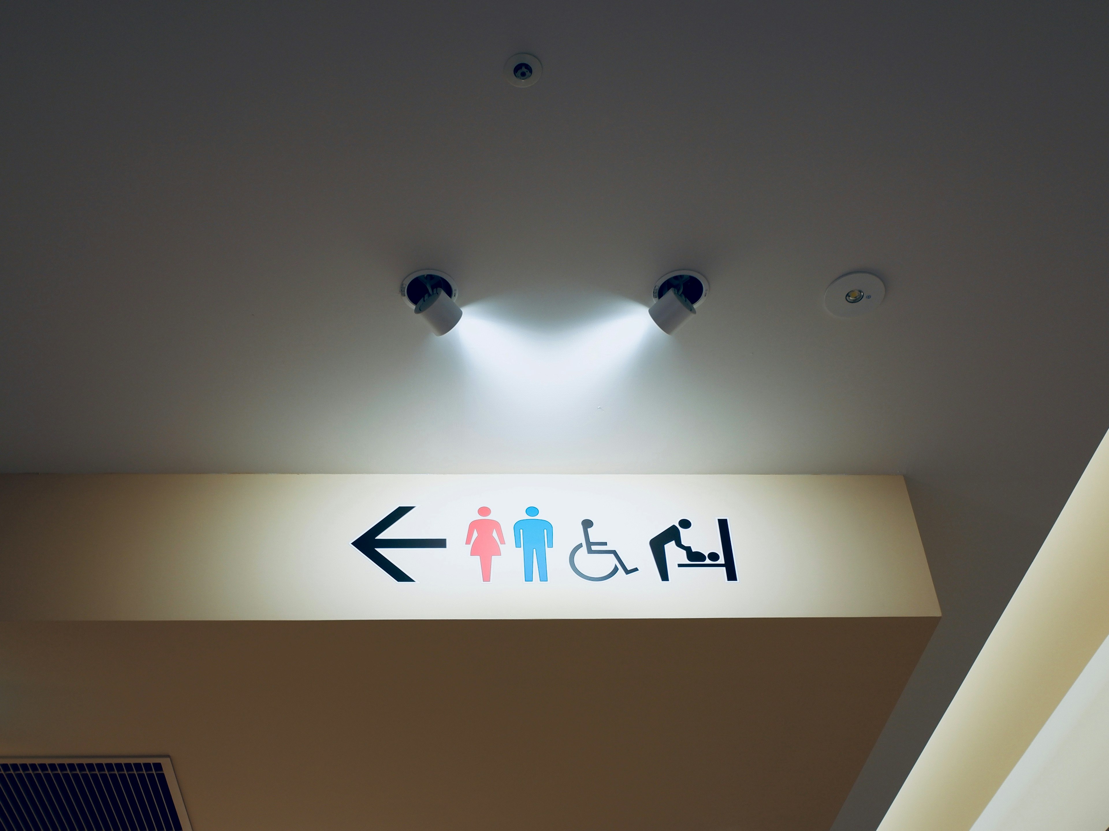 Restroom sign indicating left direction with male, female, and disability symbols