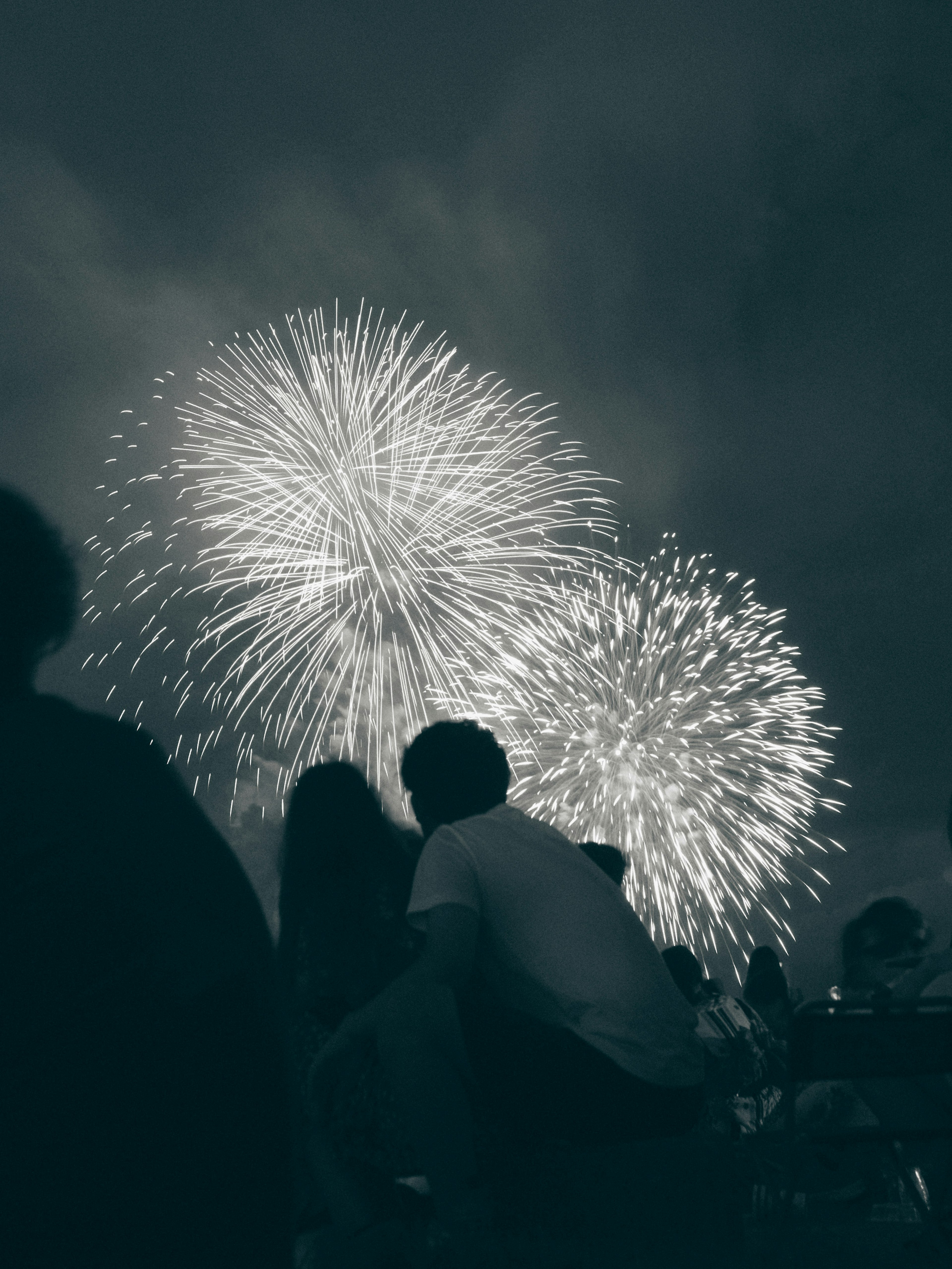 Fireworks burst in the night sky with silhouettes of people watching