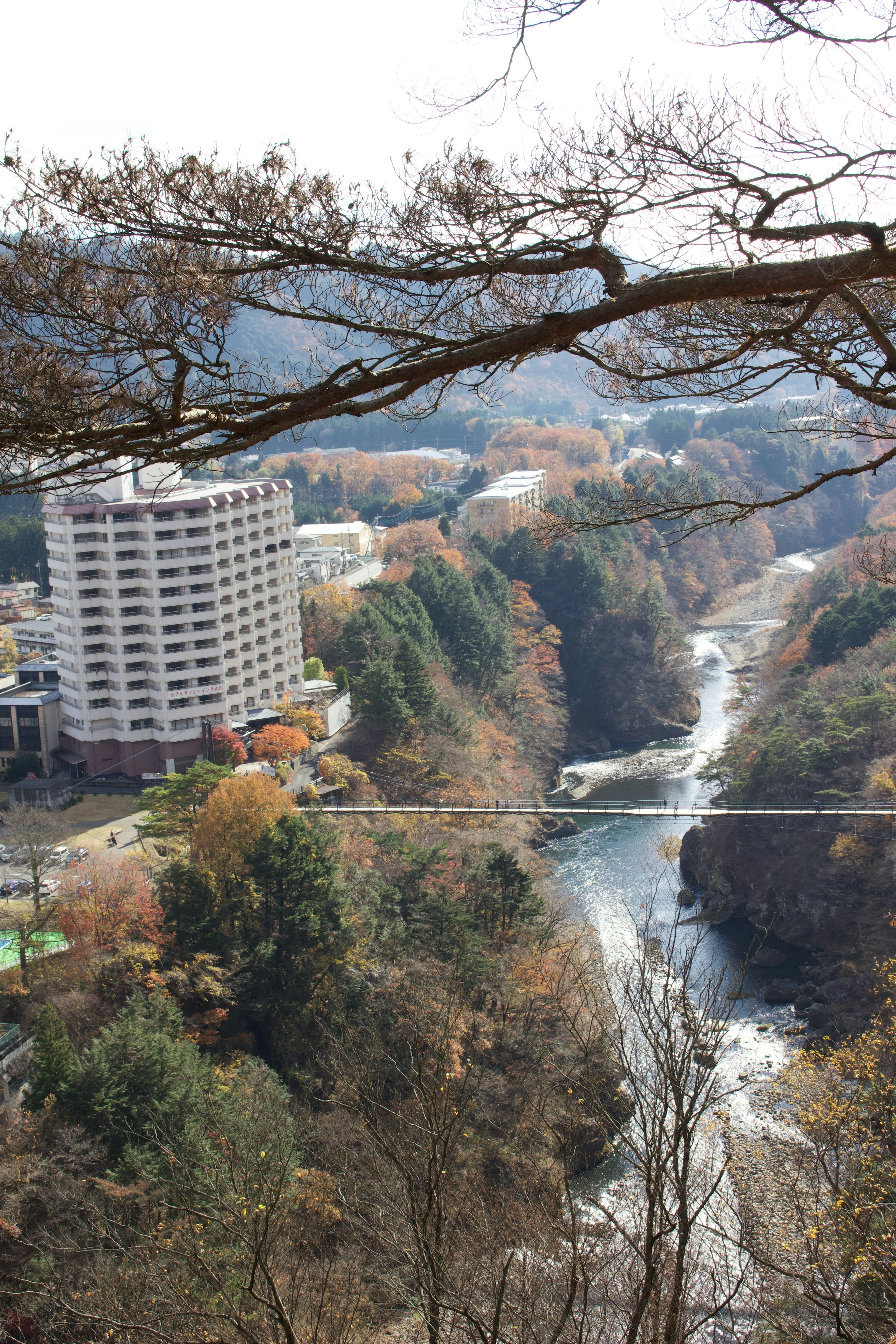 渓谷と温泉ホテルのパノラマ風景