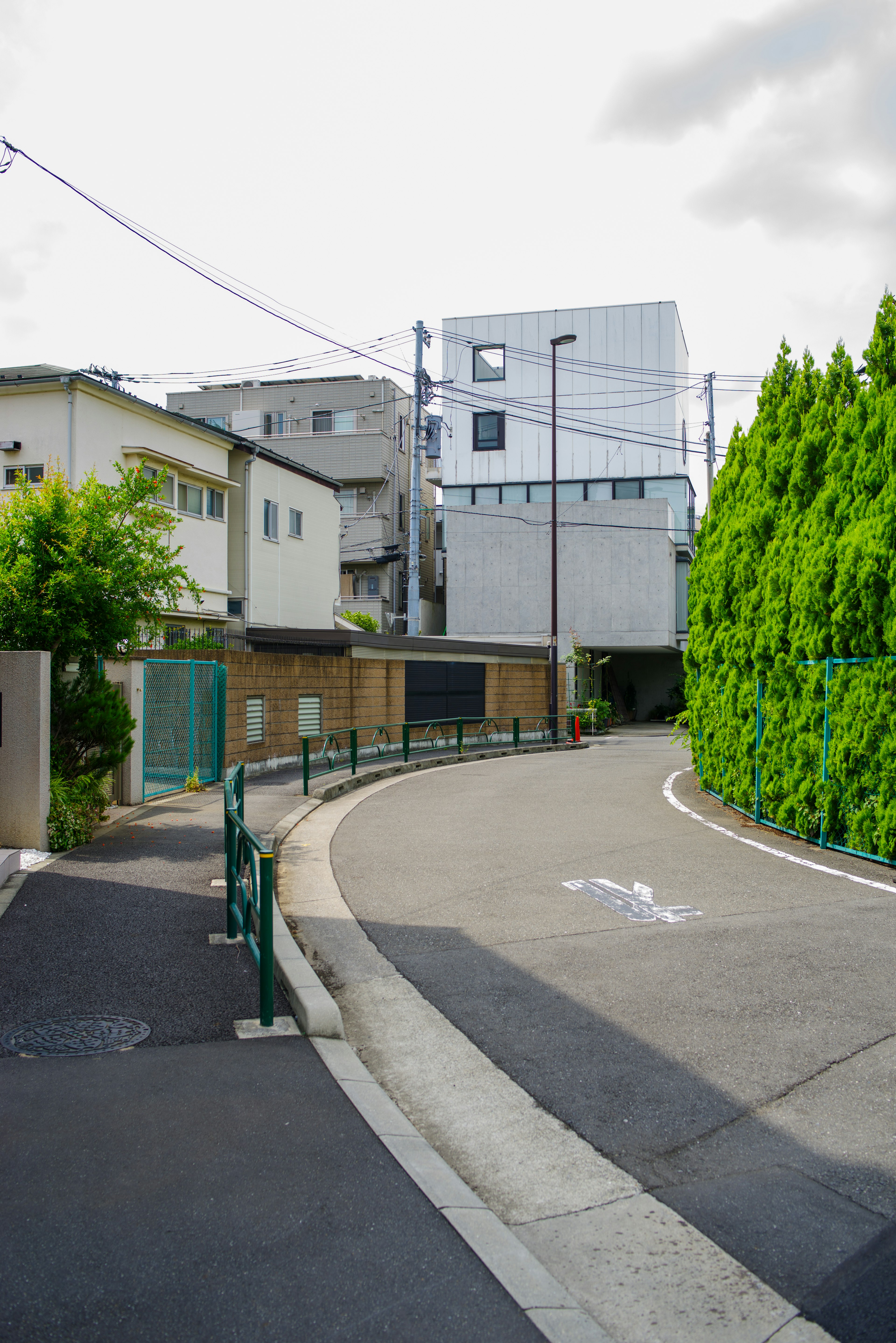 Curved road in a residential area with green hedges and modern buildings