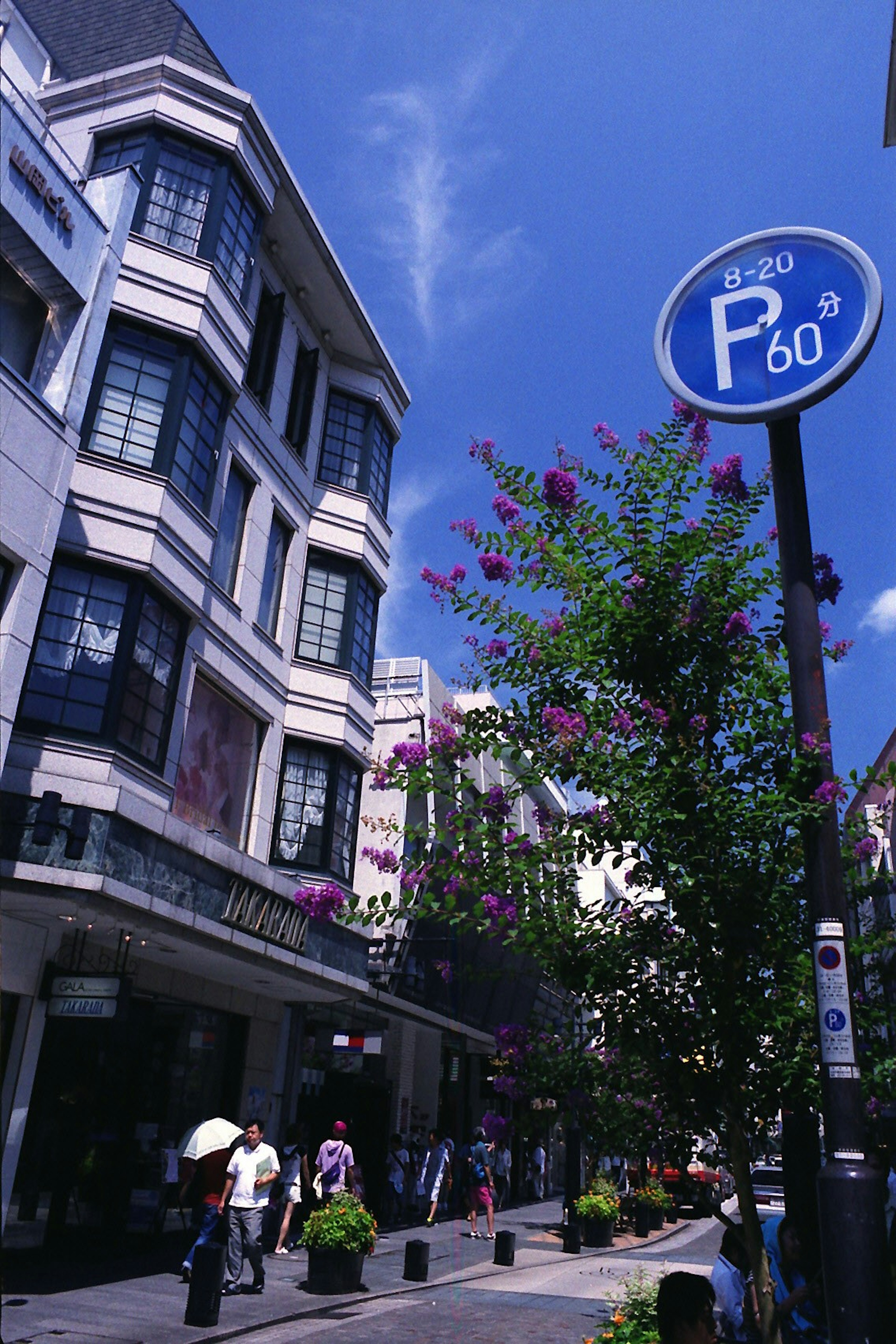 Urban scene with a parking sign under a clear blue sky