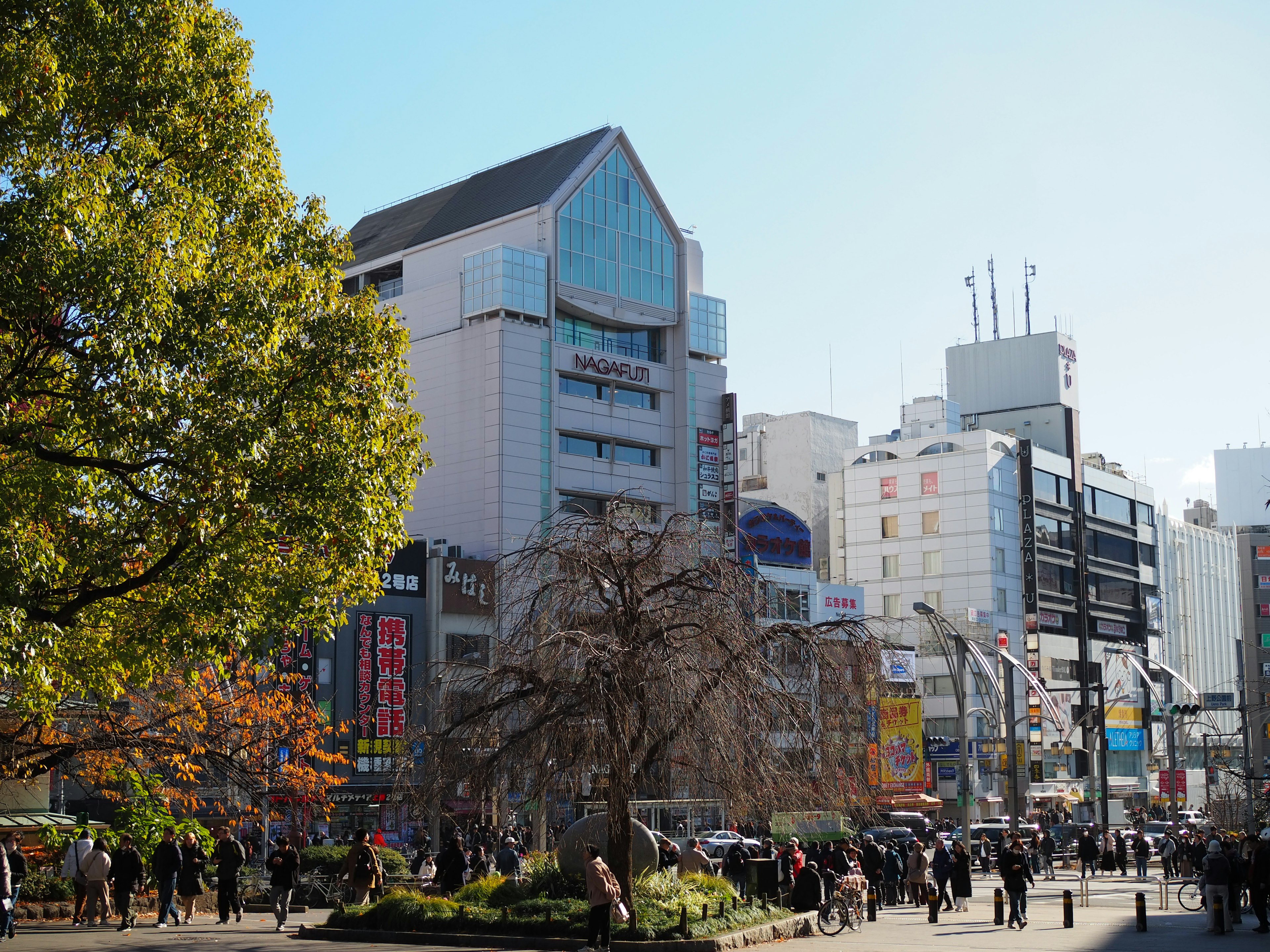 都市の風景にある現代的なビルと木々