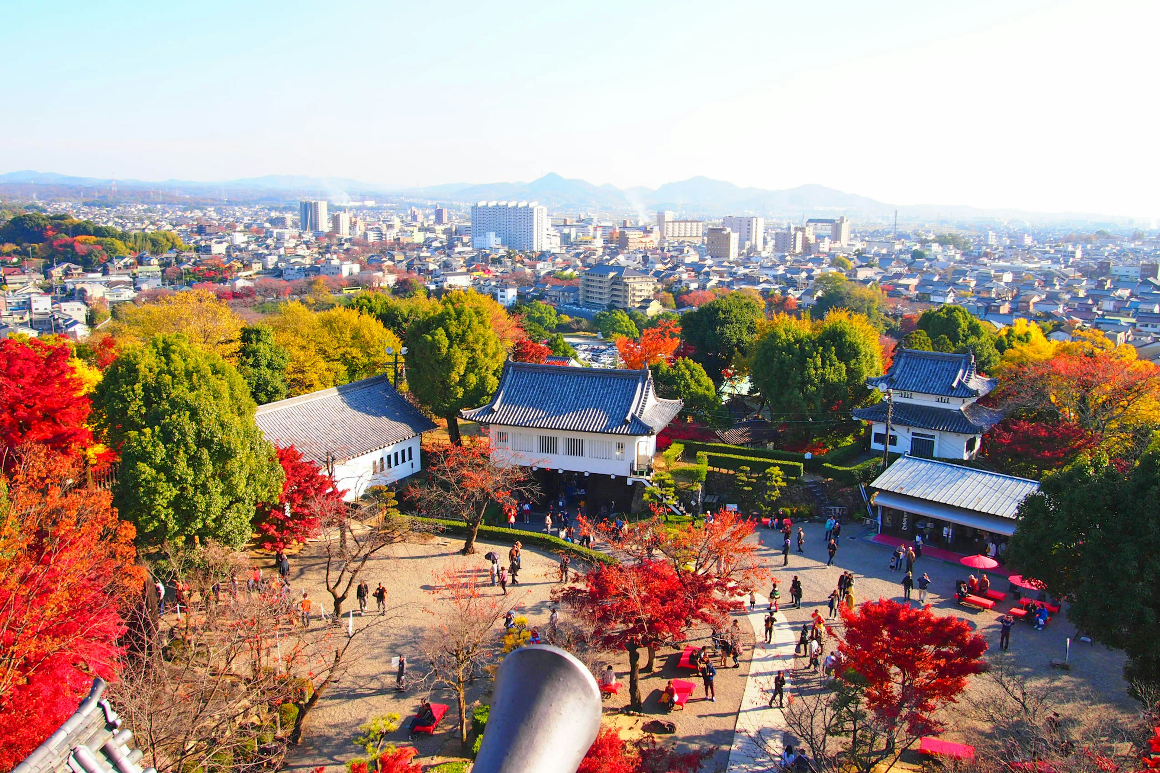 A scenic view of a city surrounded by vibrant autumn foliage and traditional buildings