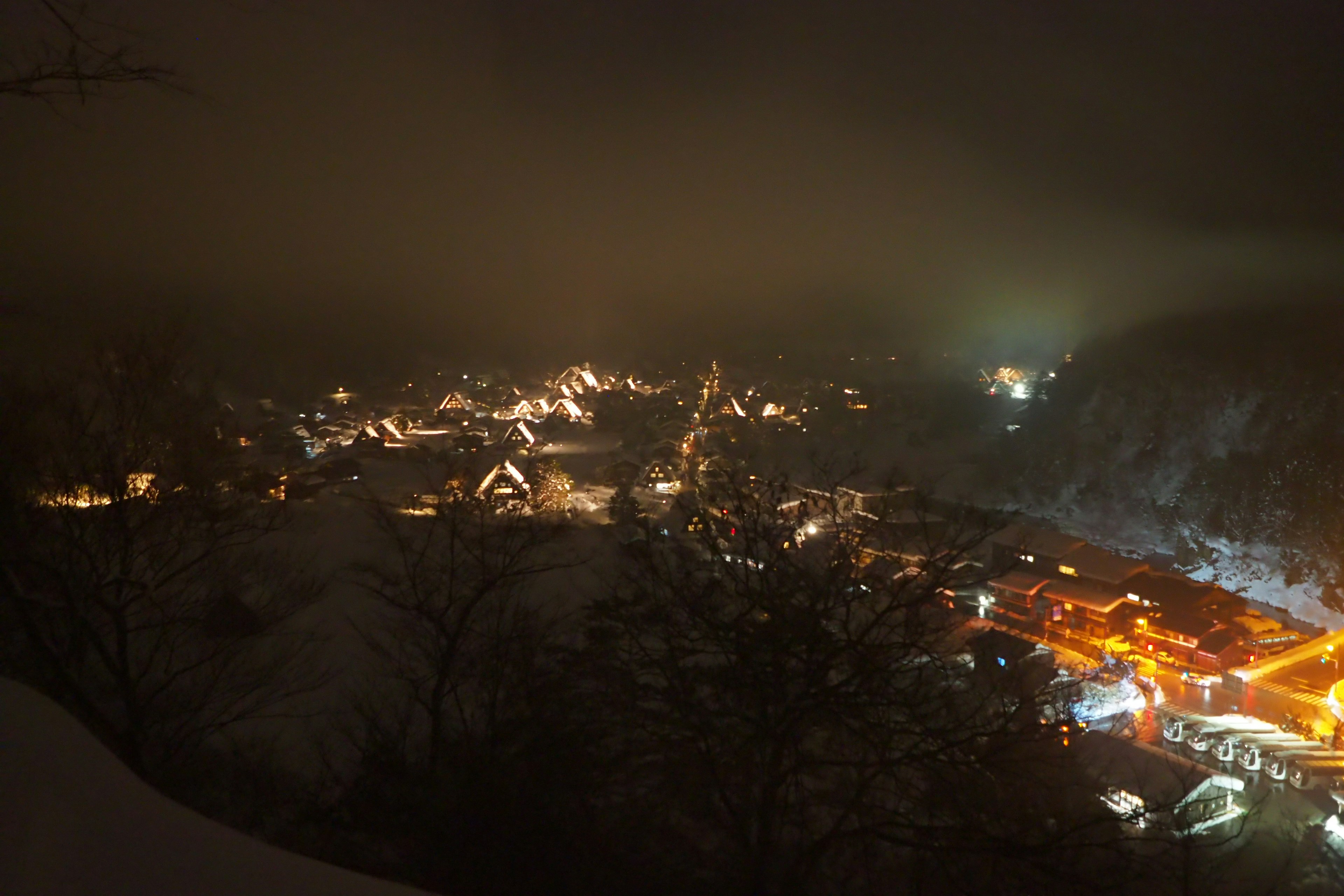 被雪覆盖的村庄夜景，街灯在雾中闪烁