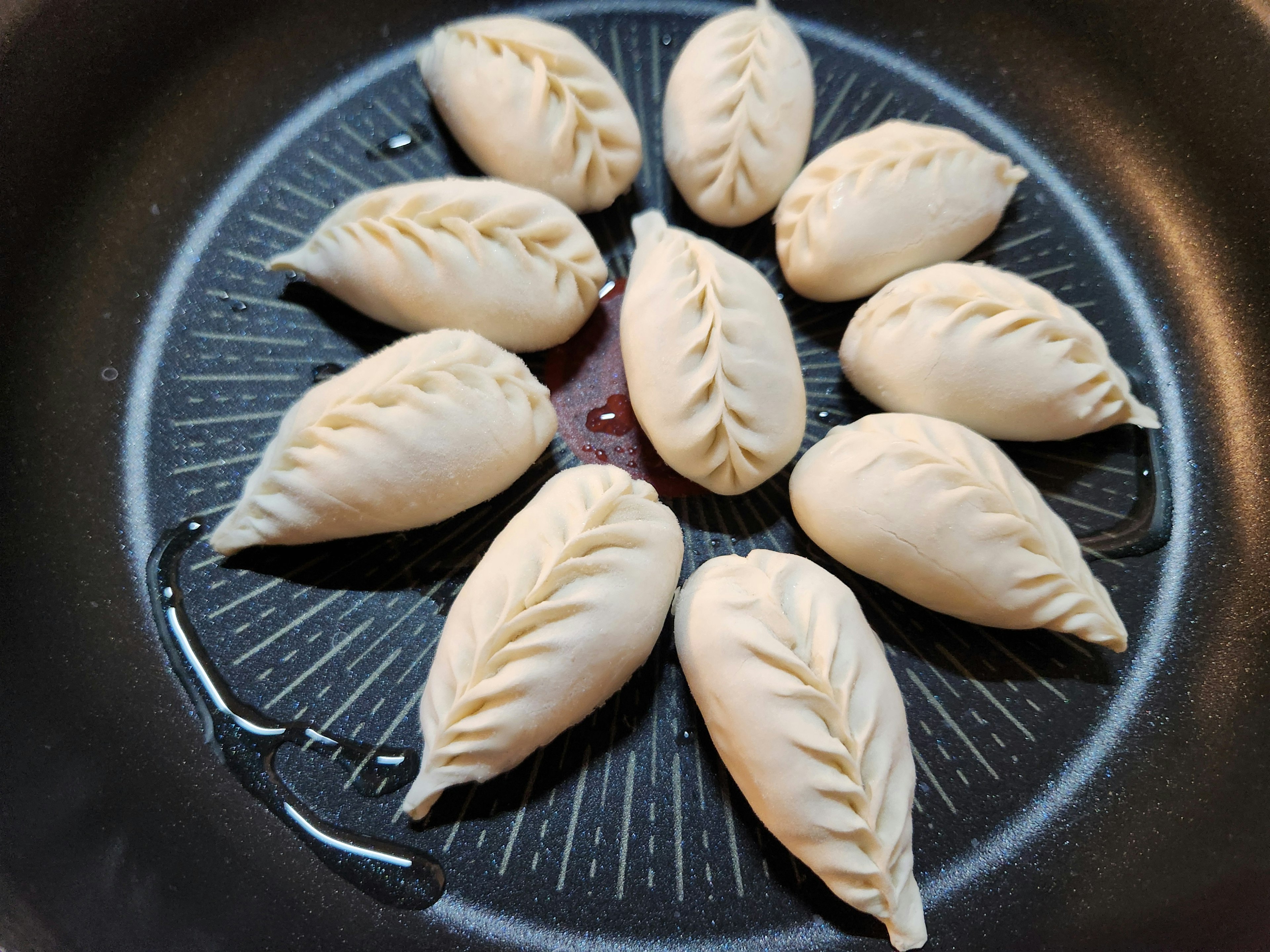 Teig für Dumplings ordentlich in einer Pfanne angeordnet