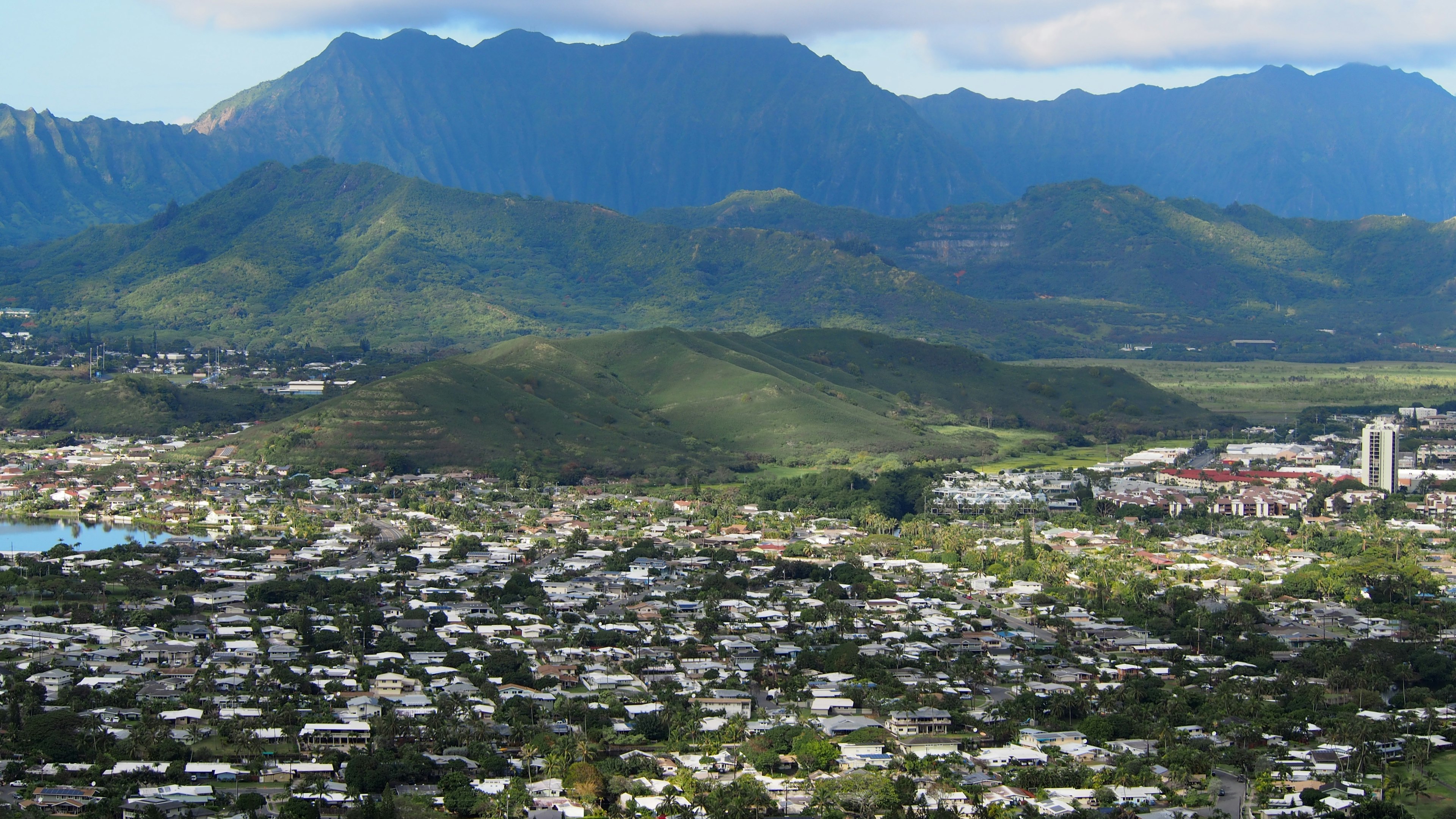 Üppige grüne Berge und Wohngebiete, die die natürliche Schönheit Hawaiis zeigen