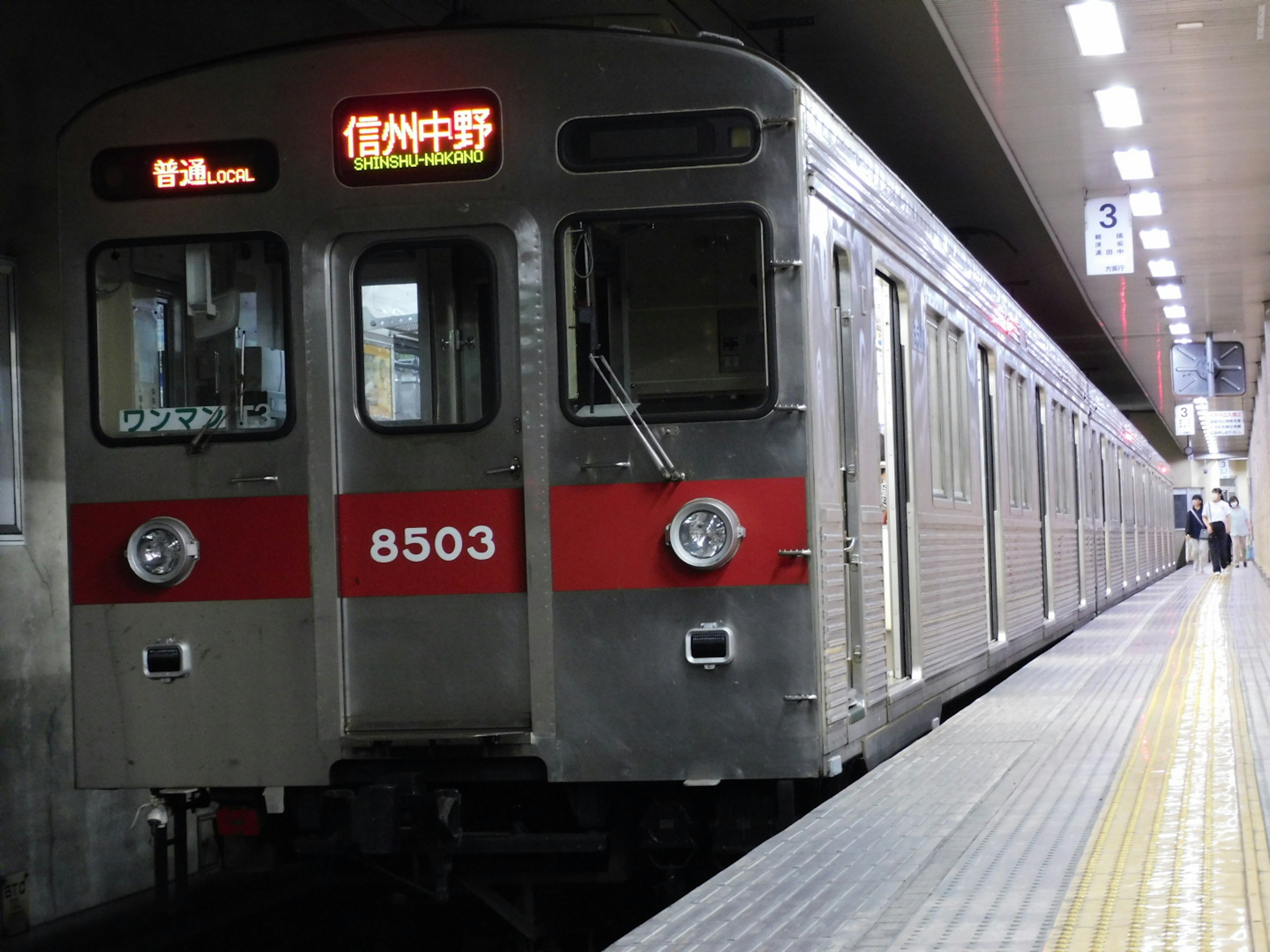 Train argenté avec bande rouge arrêté à la gare