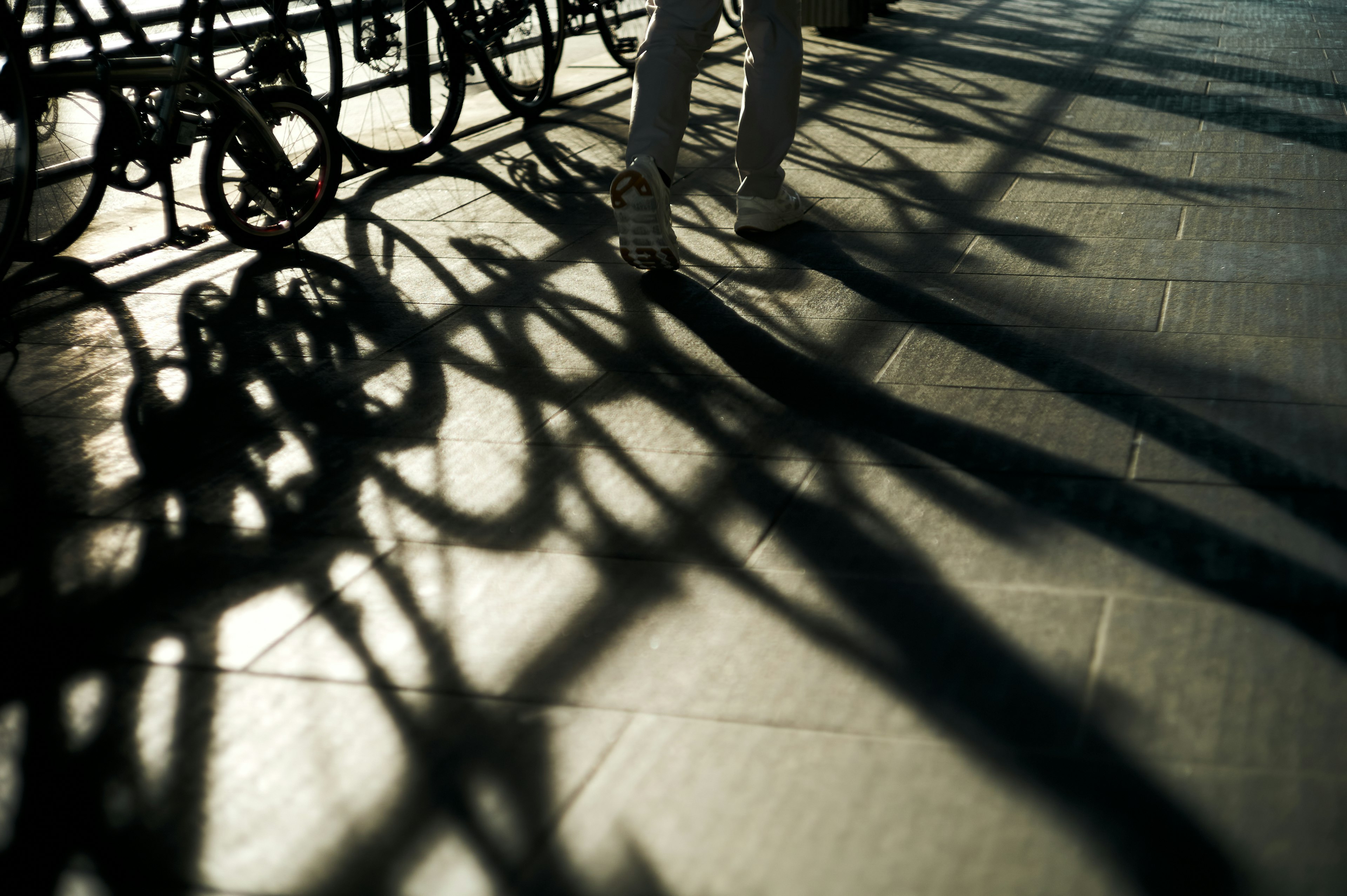 影が交差する地面に立つ人と自転車の影