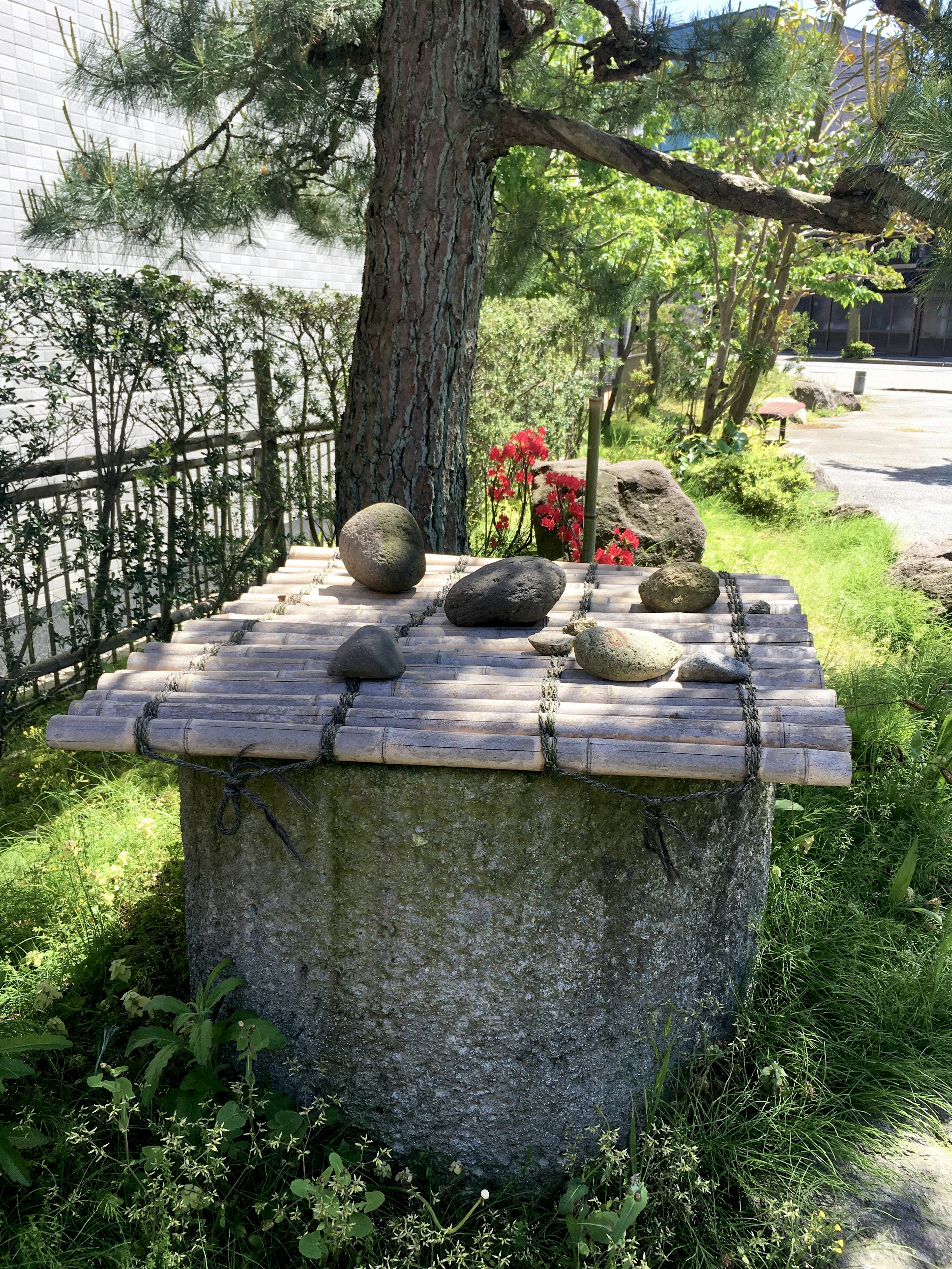 Stone objects arranged on a garden table surrounded by greenery and red flowers