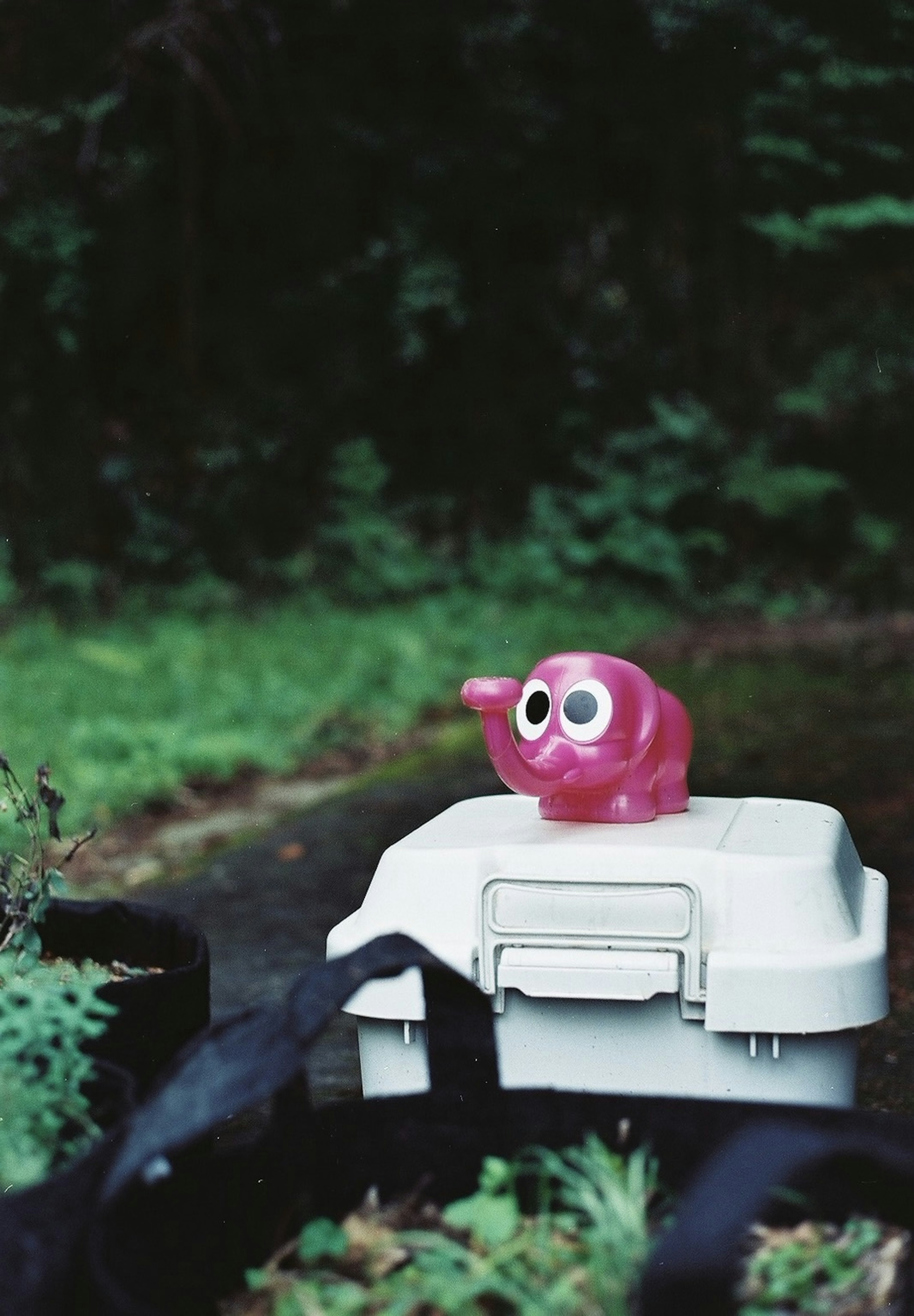 A pink toy elephant sitting on a white case in a green outdoor setting