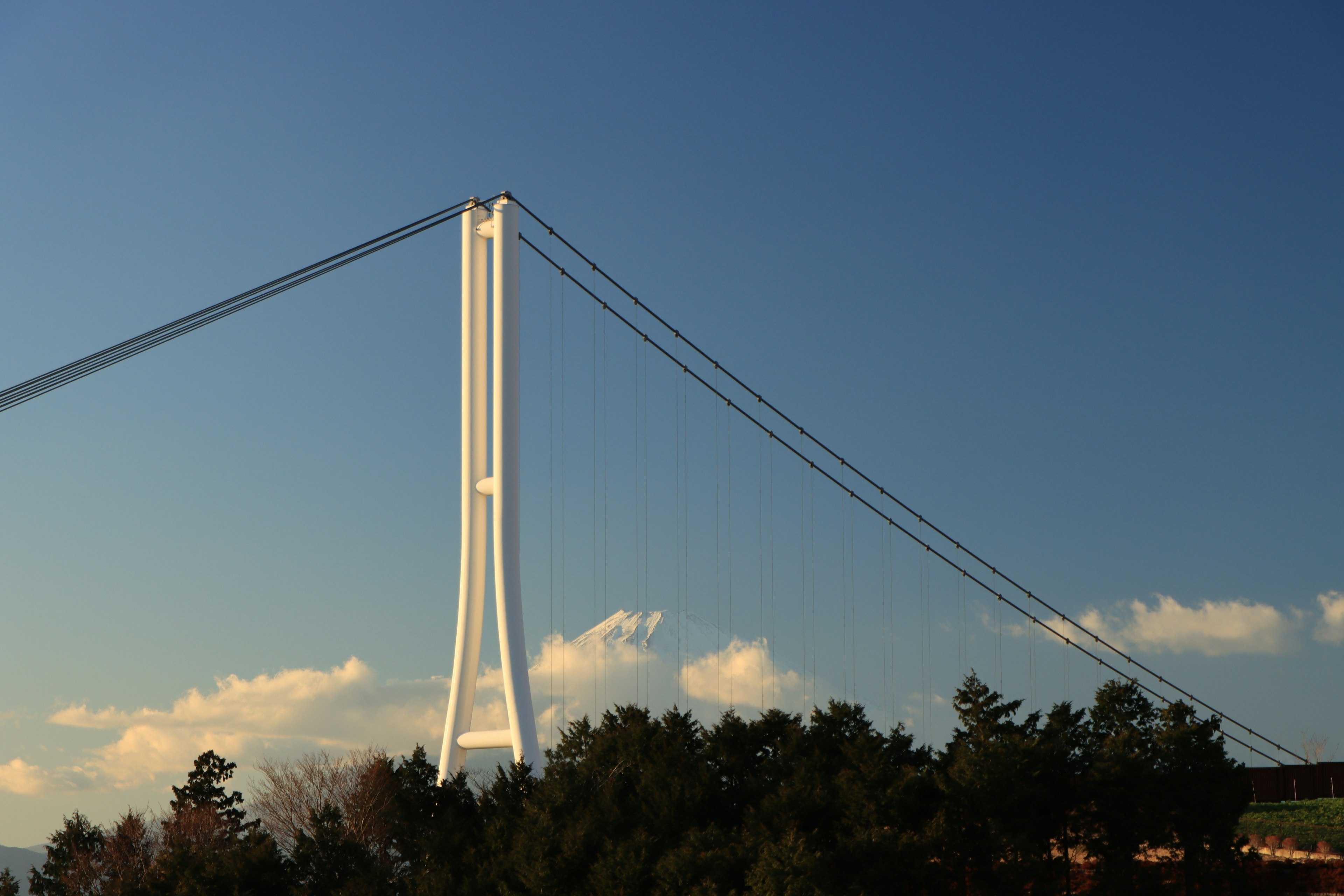 Pemandangan menakjubkan dari jembatan gantung putih di bawah langit biru yang indah