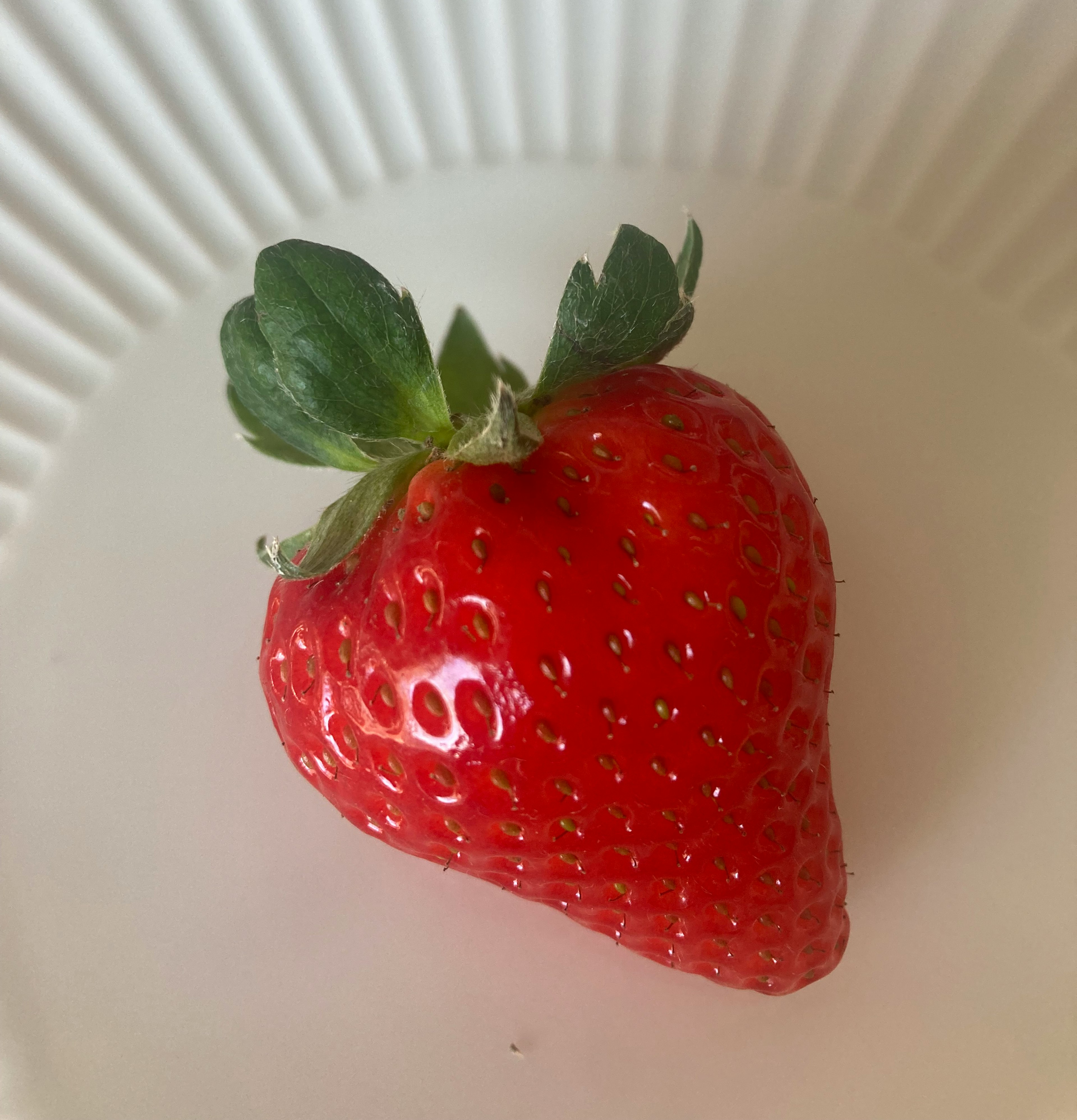 A vibrant red strawberry placed on a white plate