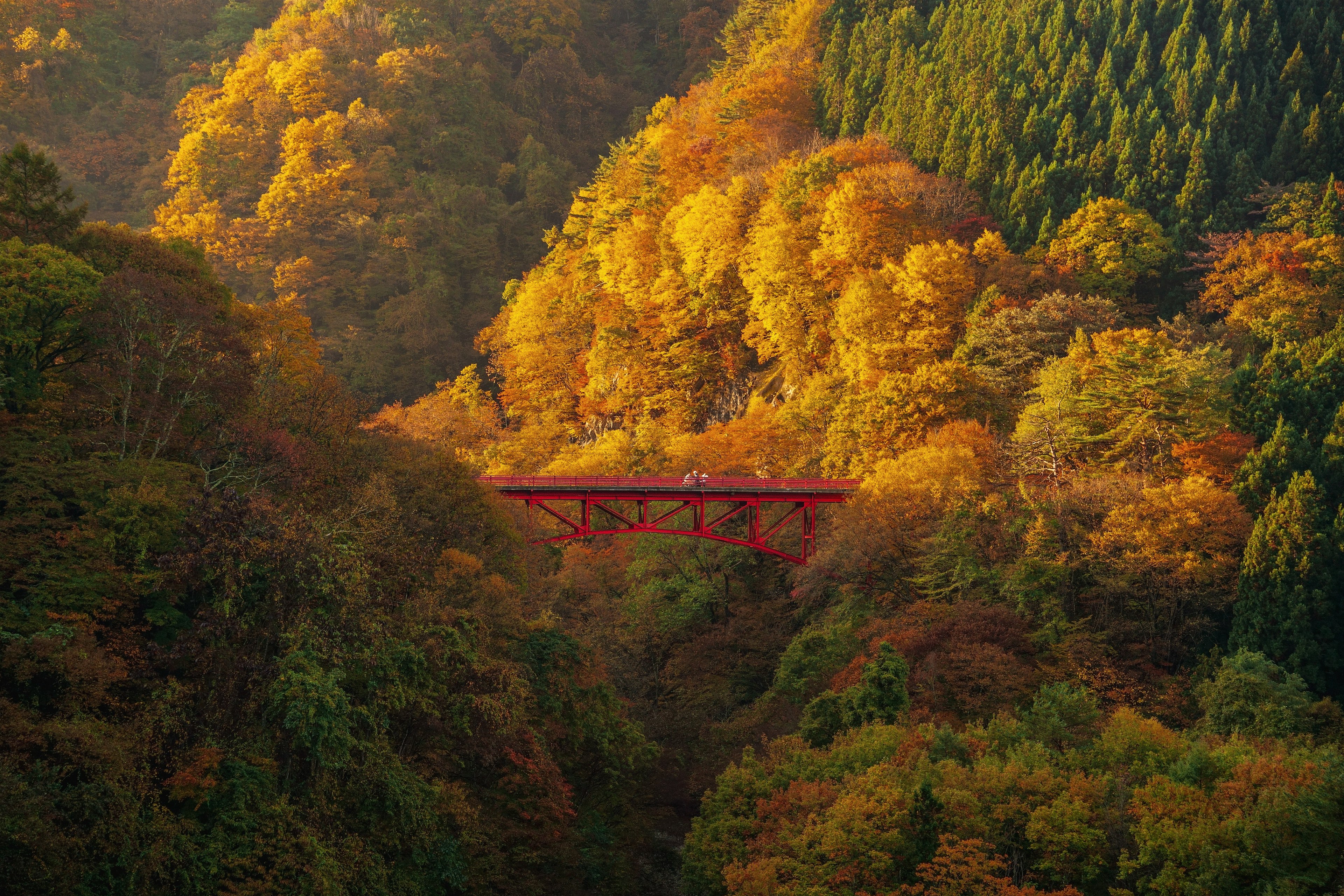 A red bridge visible among mountains adorned with autumn colors