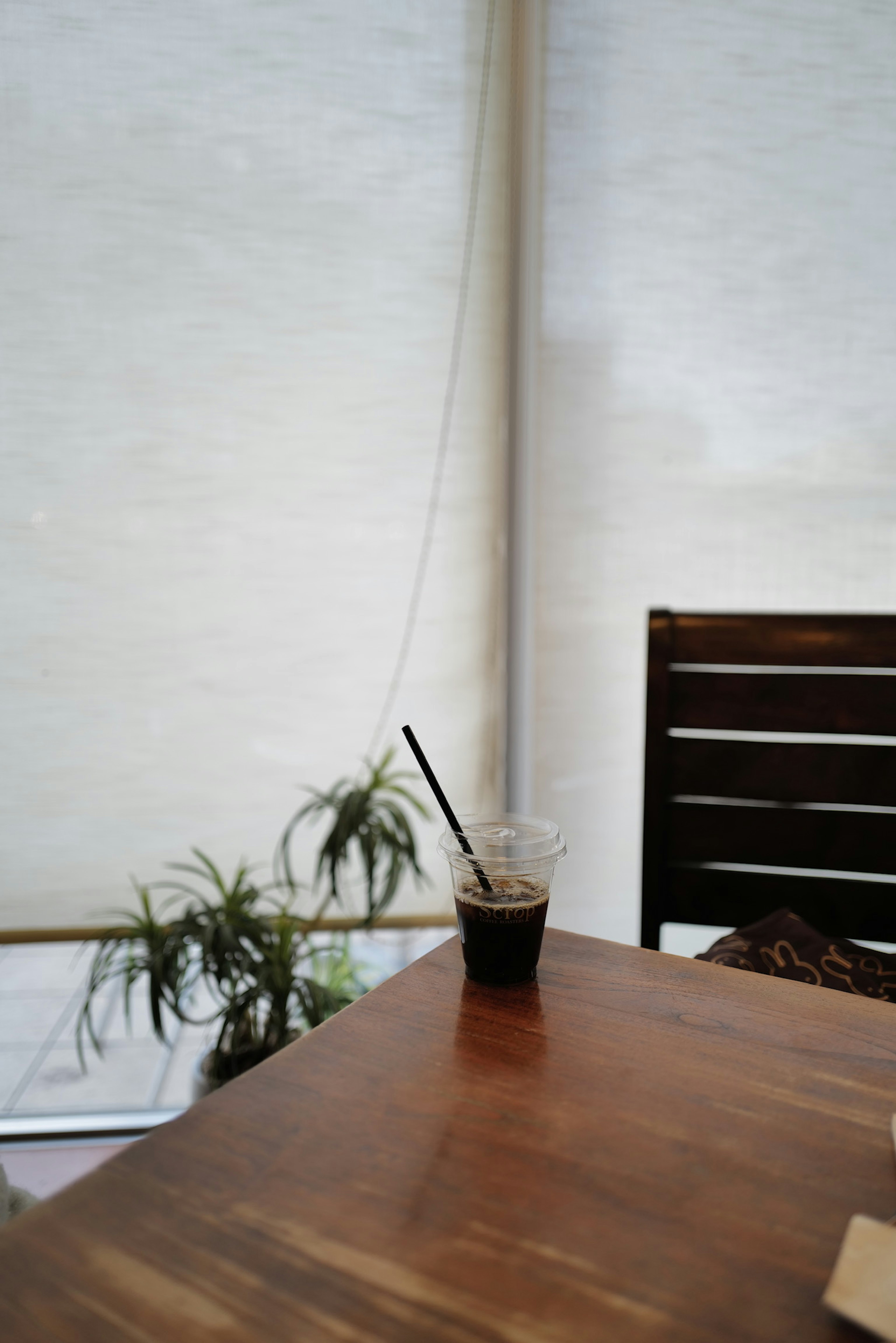 Corner of a cafe with a drink on a wooden table and a plant