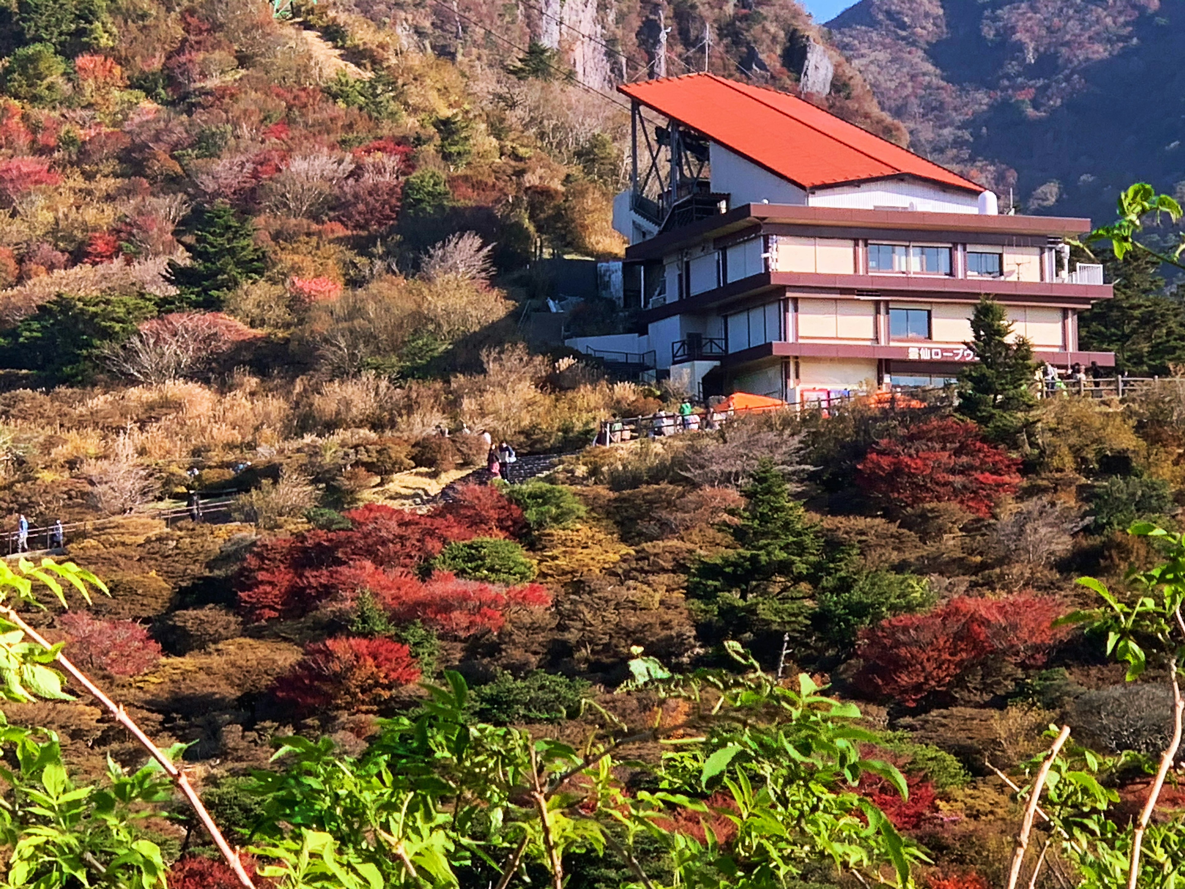 美しい山の風景に囲まれた近代的な建物と紅葉の景色