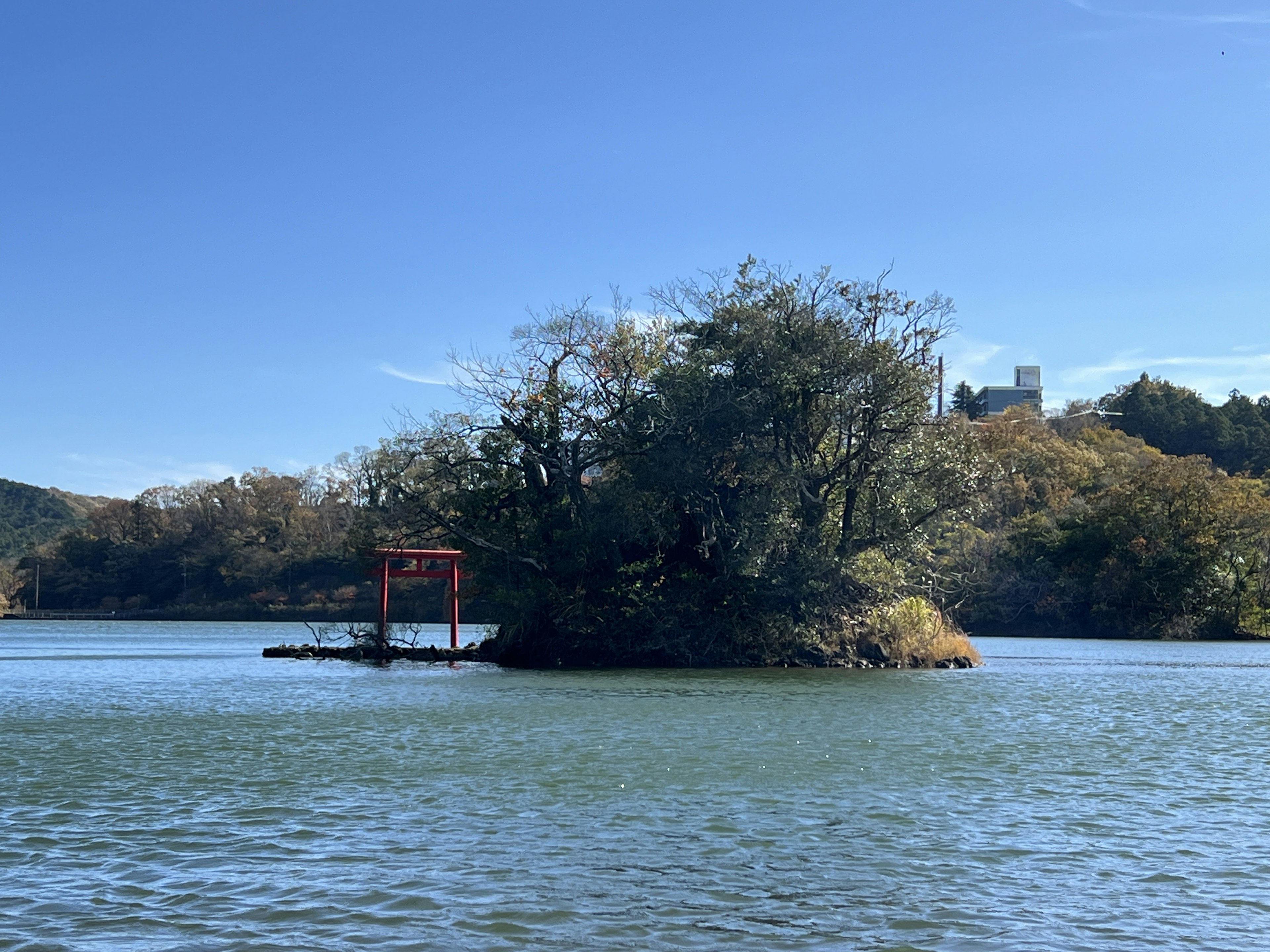 Una piccola isola sotto un cielo blu con un cancello torii rosso