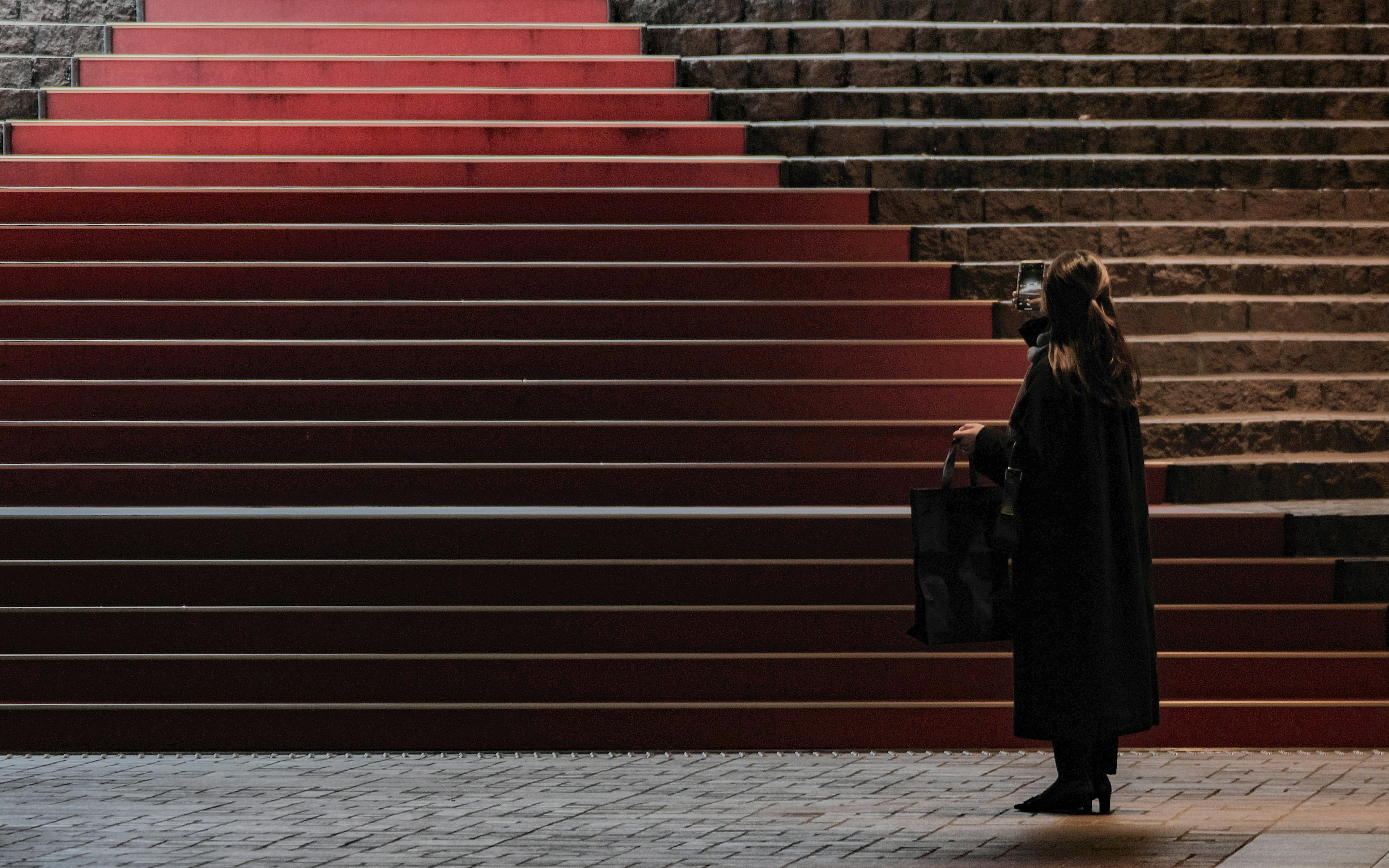 A figure stands before red stairs wearing a black coat and holding a bag