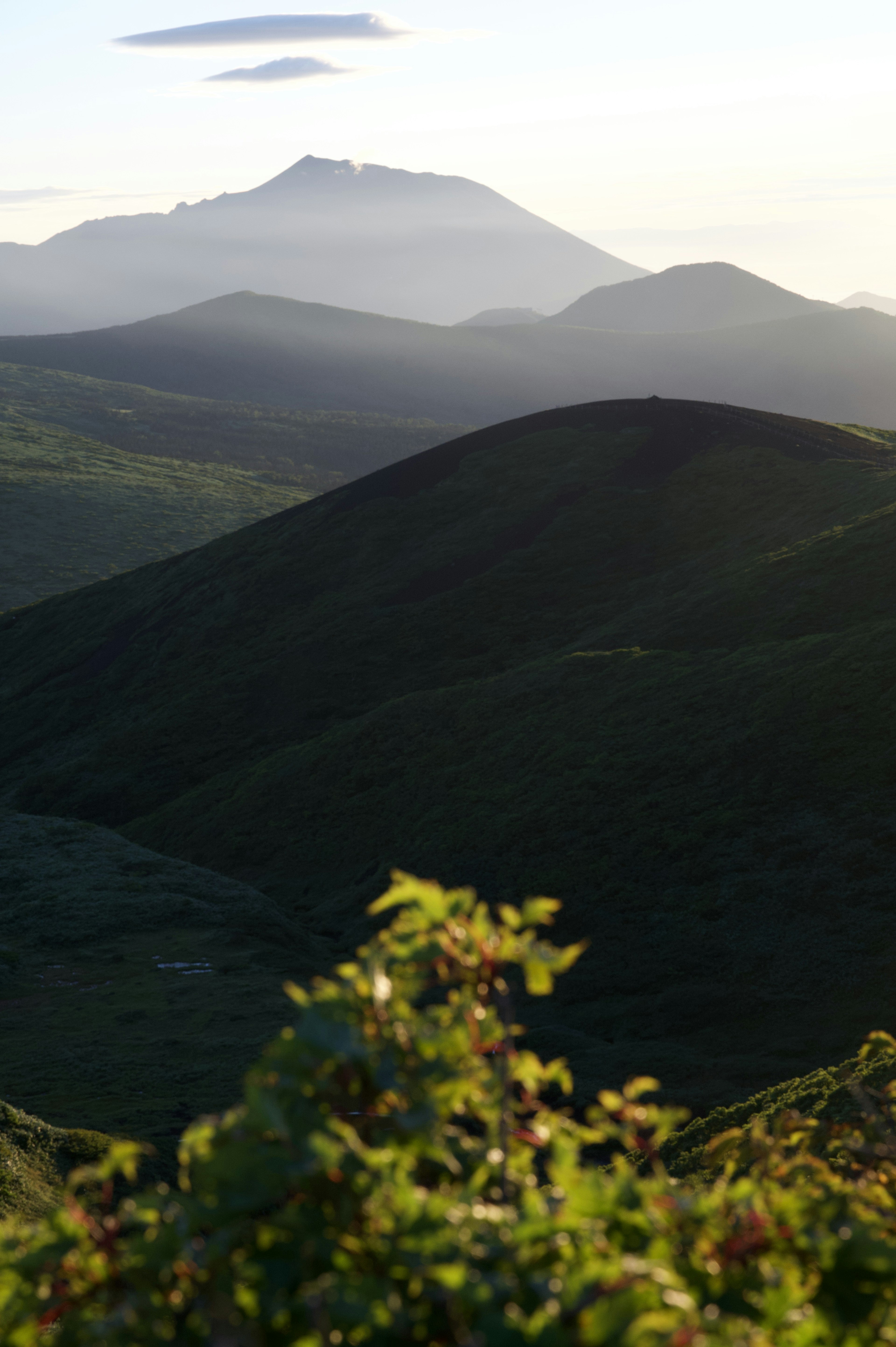 緑の丘陵と遠くの山が重なり合う風景