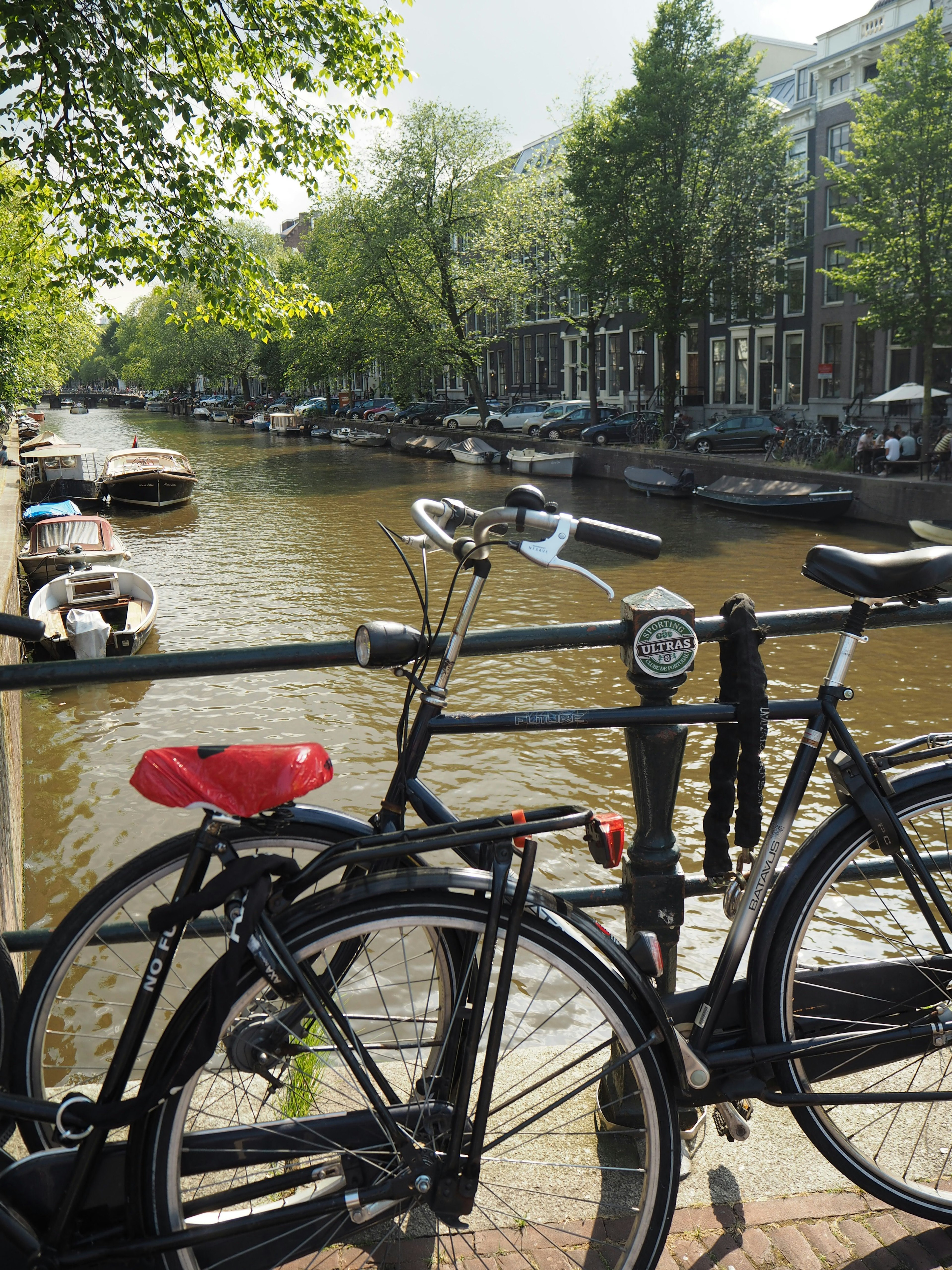 Sepeda diparkir di tepi kanal di Amsterdam dengan pohon hijau