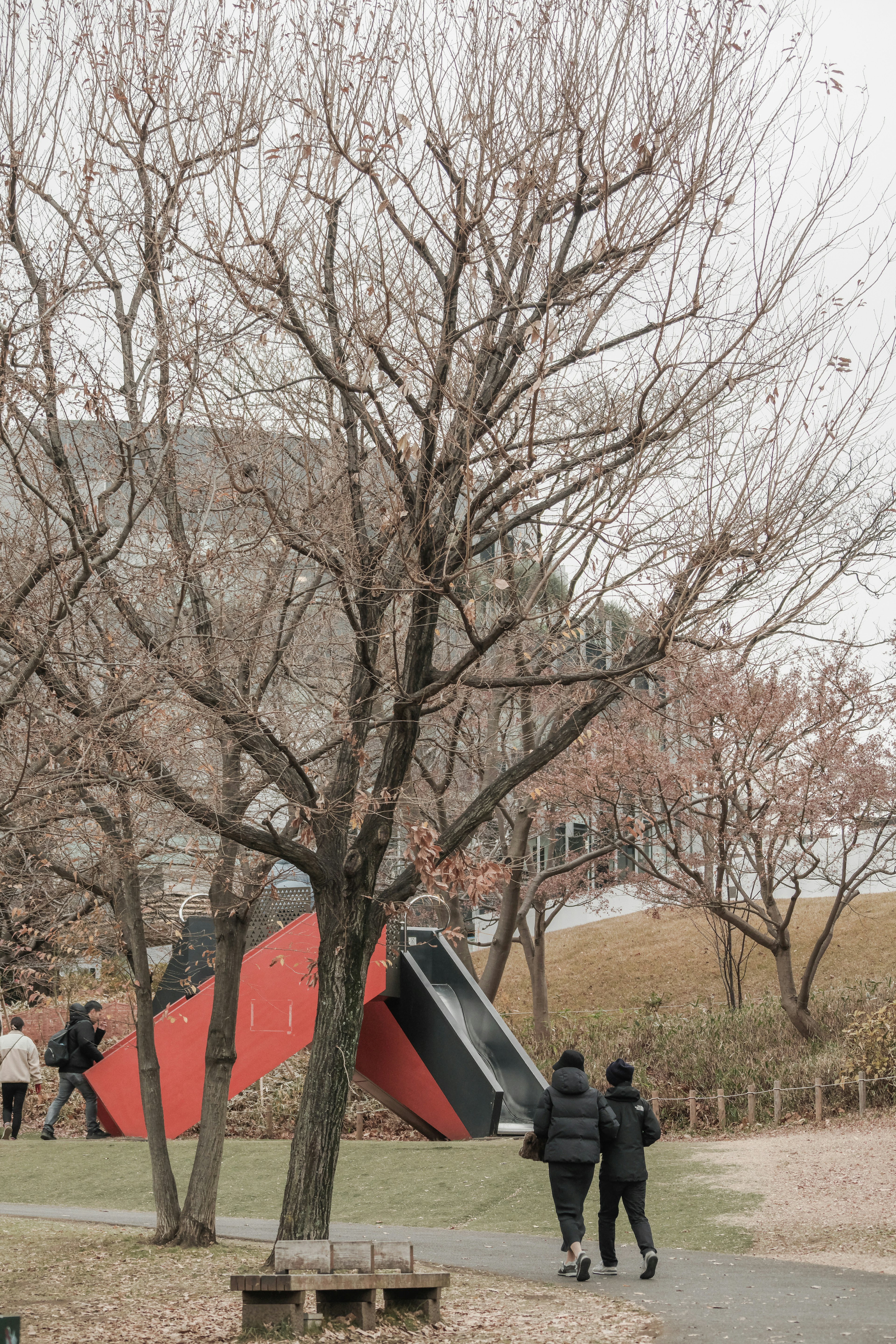 冬季公園中行走的人們，背景是光禿的樹和紅黑色藝術裝置