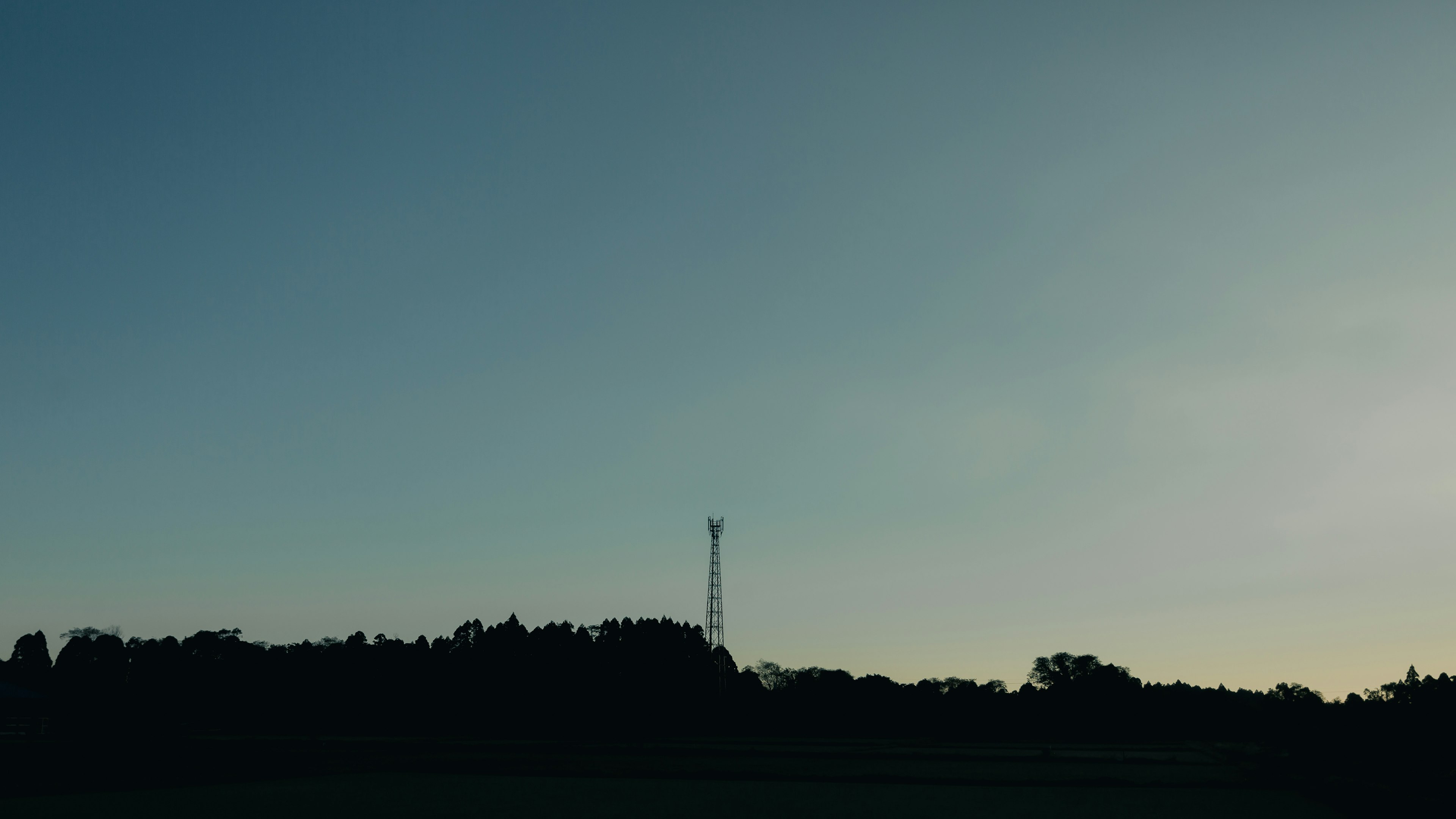 Silhouette von Bäumen vor einem blauen Himmel mit einem Kommunikationsmast im Hintergrund