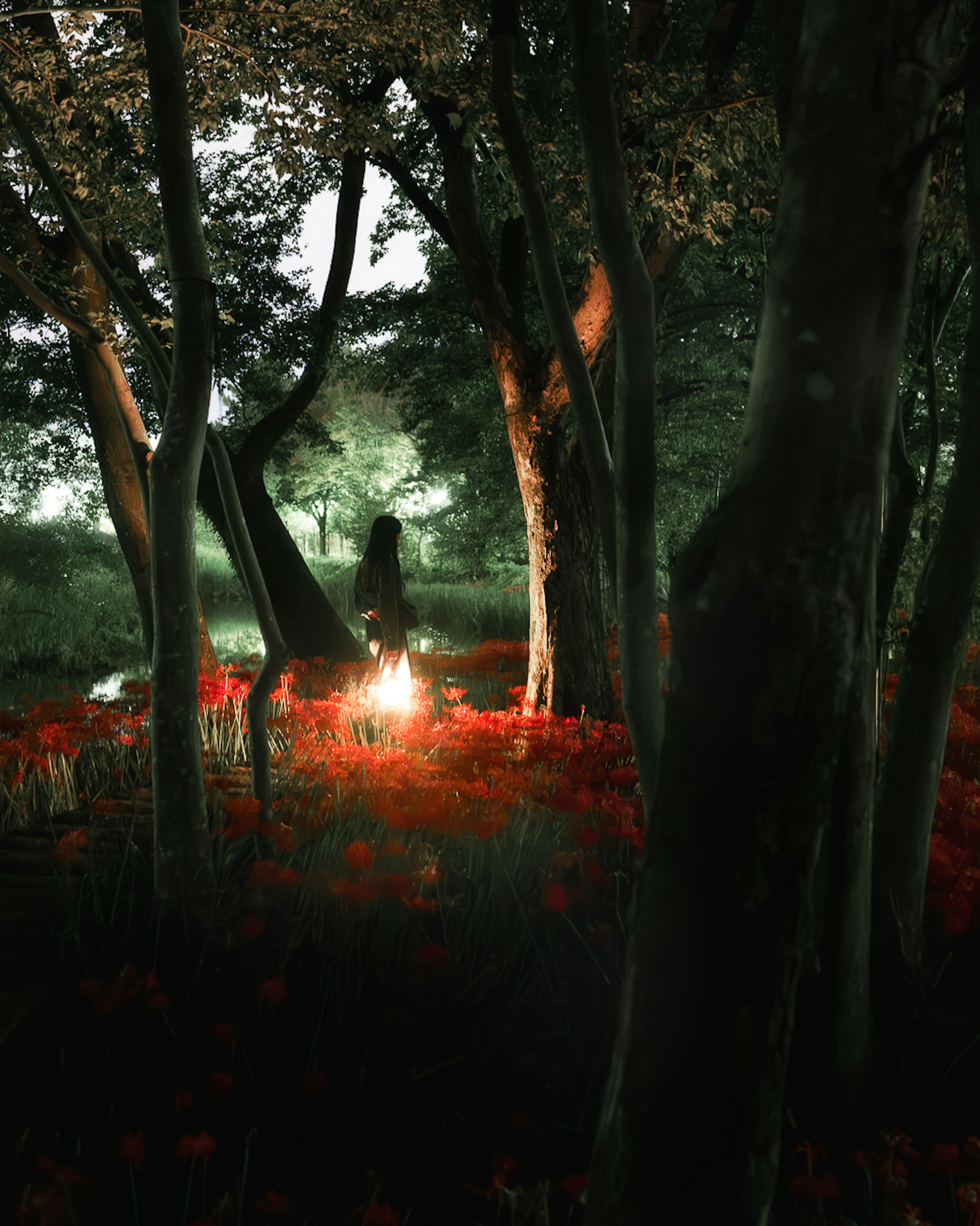 A mystical forest scene with vibrant red flowers and a glowing light in the center