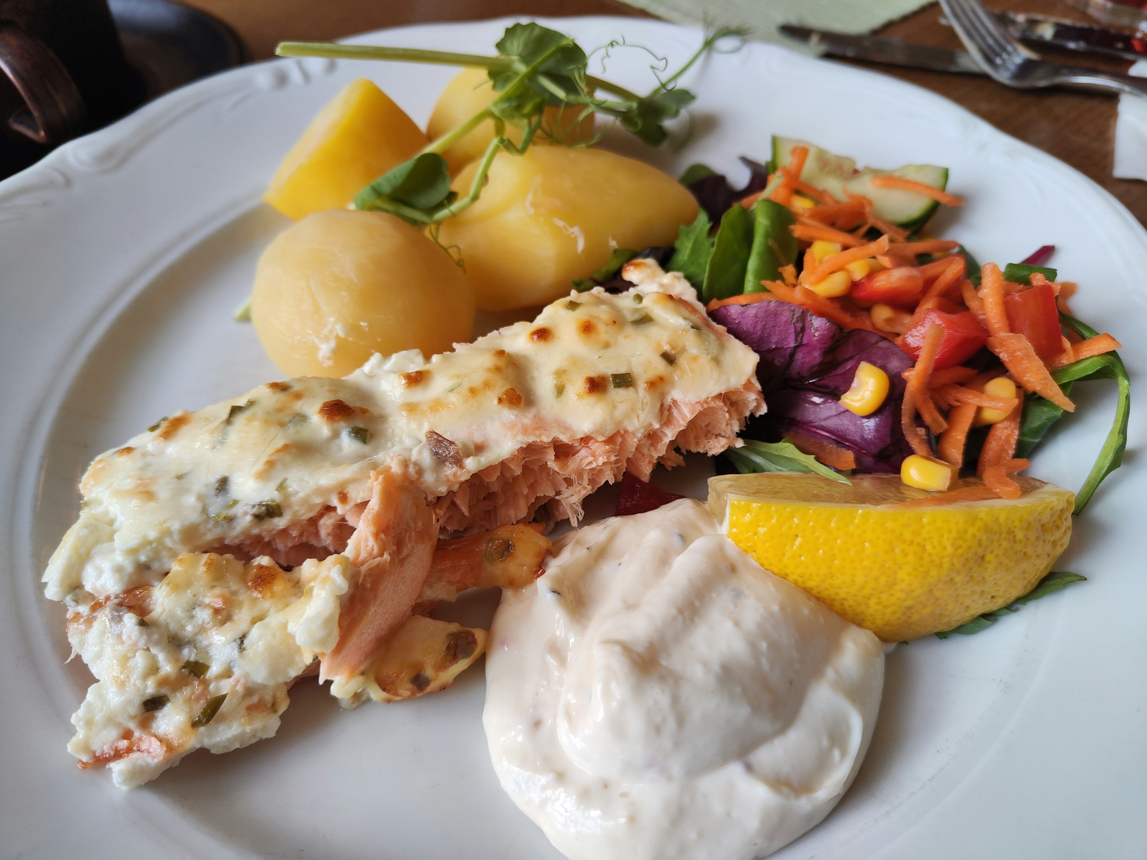 Fillet salmon panggang dengan salad sayuran dan kentang rebus di atas piring