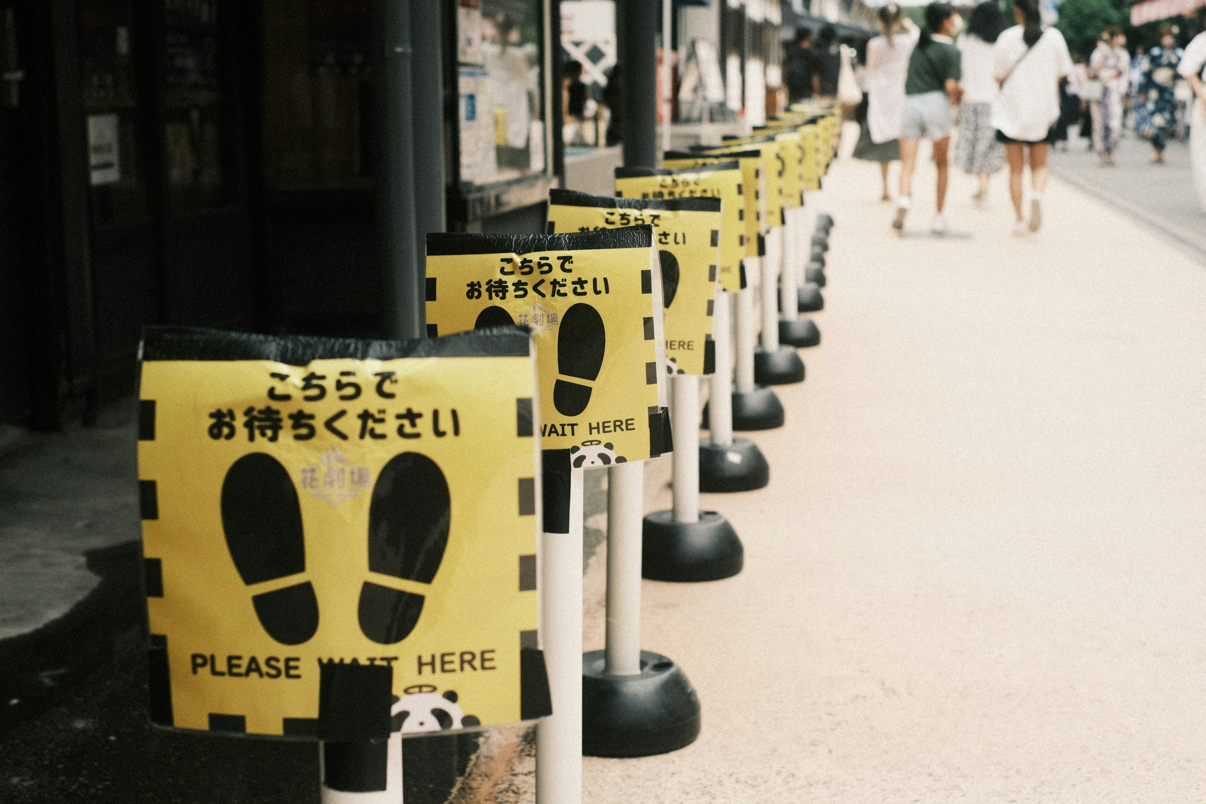 A row of yellow signs with footprints indicating standing spots